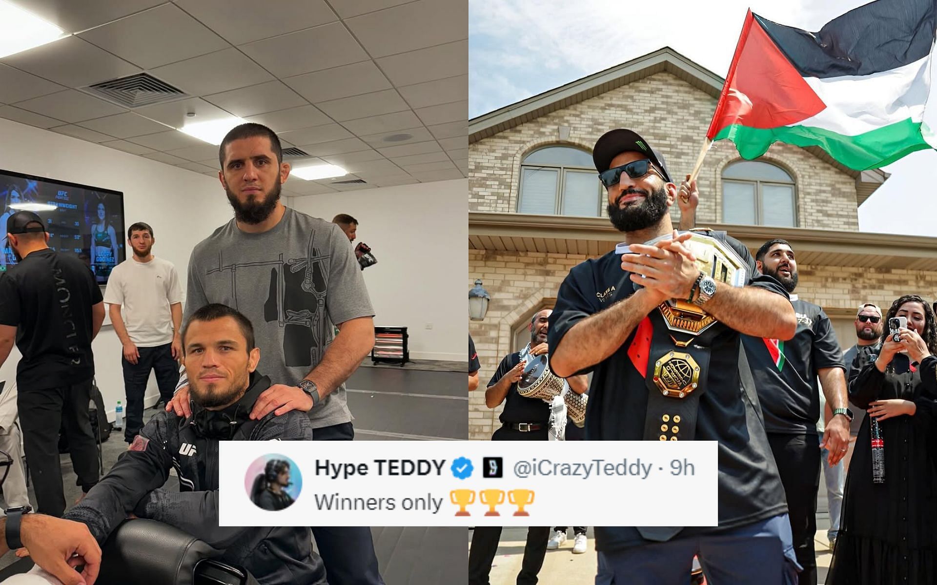 Fans react to Belal Muhammad (right) training with Islam Makhachev (top left) and Umar Nurmagomedov (bottom left). [Images courtesy: @islam_makhachev and @bullyb170 on Instagram]