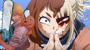 Chainsaw Man x My Hero Academia fanart swaps Denji and Yoru into Toga and Ochaco's iconic scene