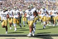 Notre Dame Fighting Irish Offensive Lineman Charles Jagusah (56) warms up before a college football game. (Credits: Getty)