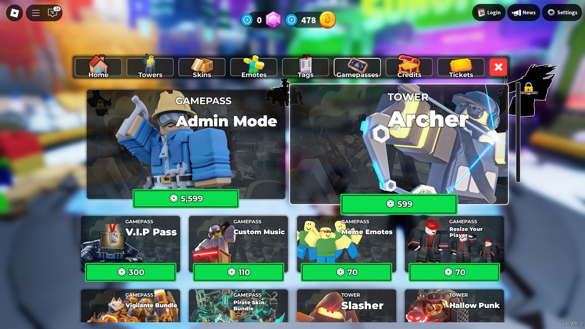 Get the reworked Archer tower from the Gamepass store (Image via Roblox)