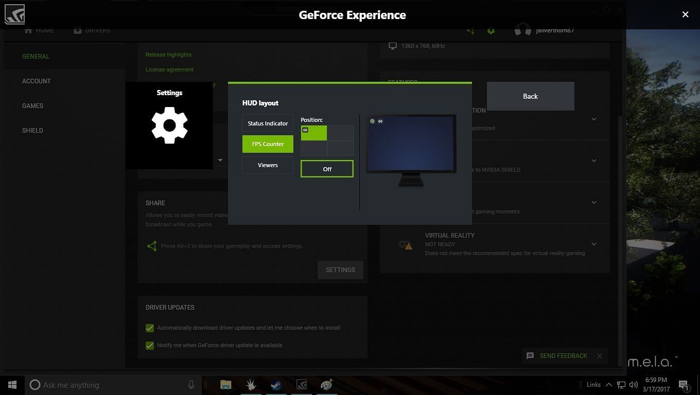 The FPS counter settings panel in Geforce Experience (Image via Steam Community)