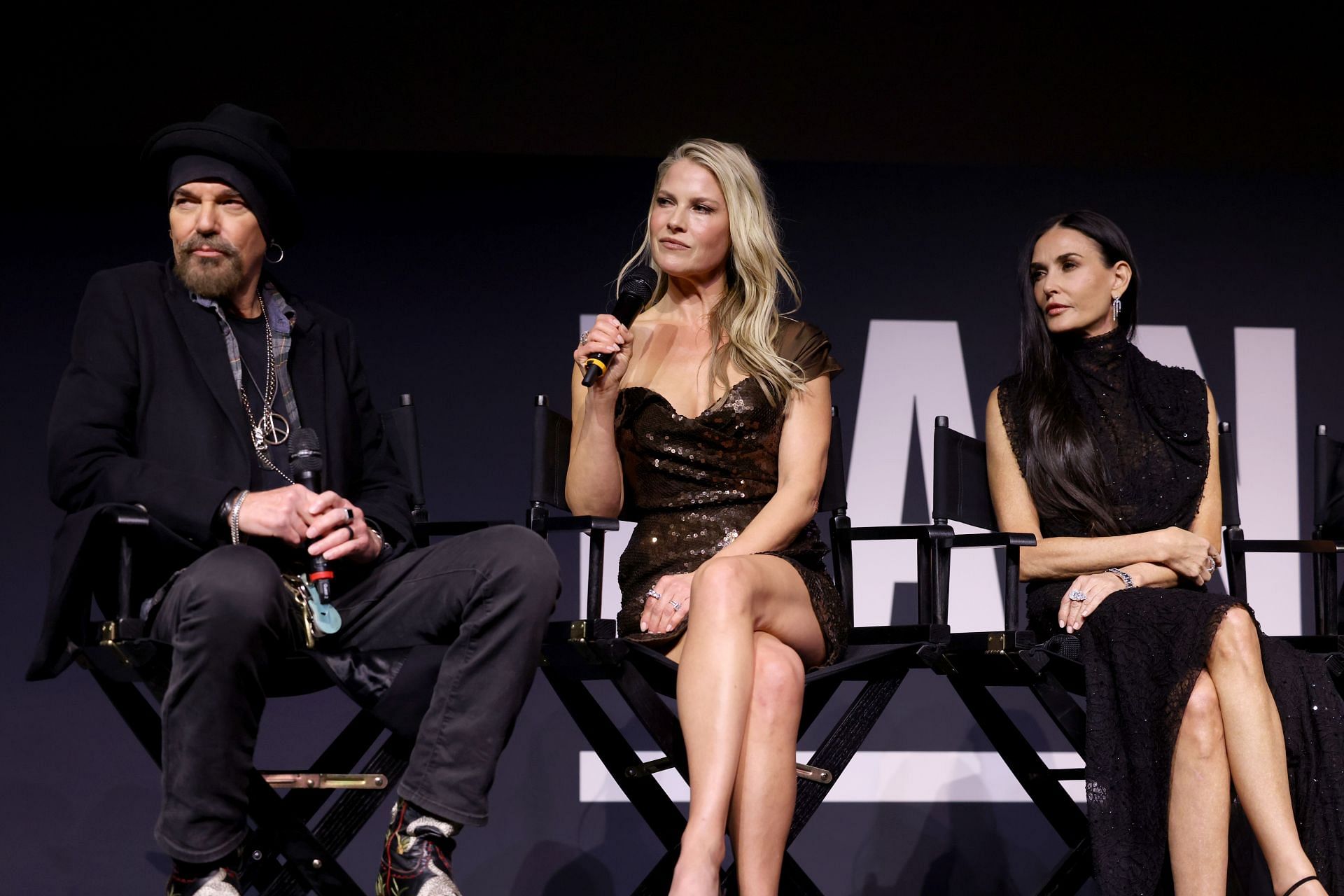 (L-R) Billy Bob Thornton, Ali Larter, and Demi Moore speak onstage during the &quot;Landman&quot; premiere at Paramount Studios in Los Angeles, California. (Photo by Randy Shropshire/Getty Images for Paramount+)