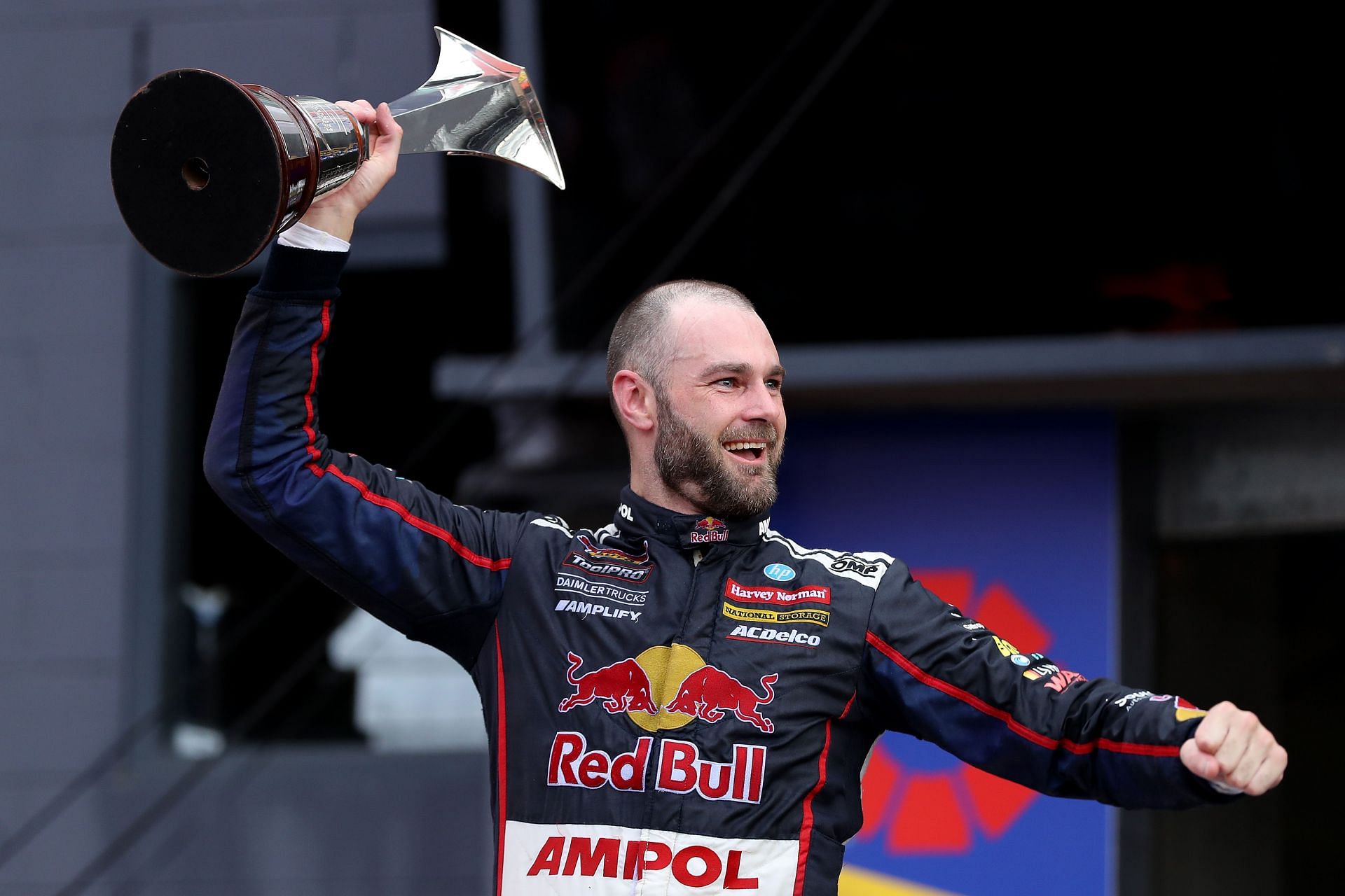 Van Gisbergen celebrates with the Championship Trophy after the Bathurst 1000 - Source: Getty