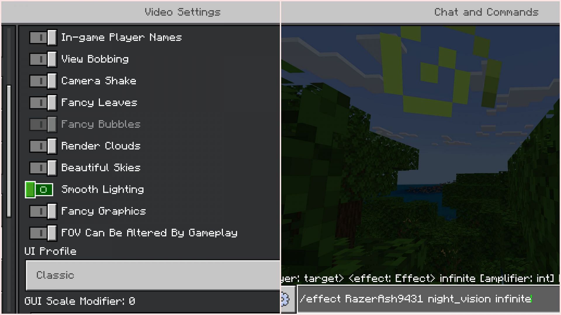 Turn off smooth lighting from video settings and get a night vision effect to see ore blocks clearly (Image via Mojang Studios)