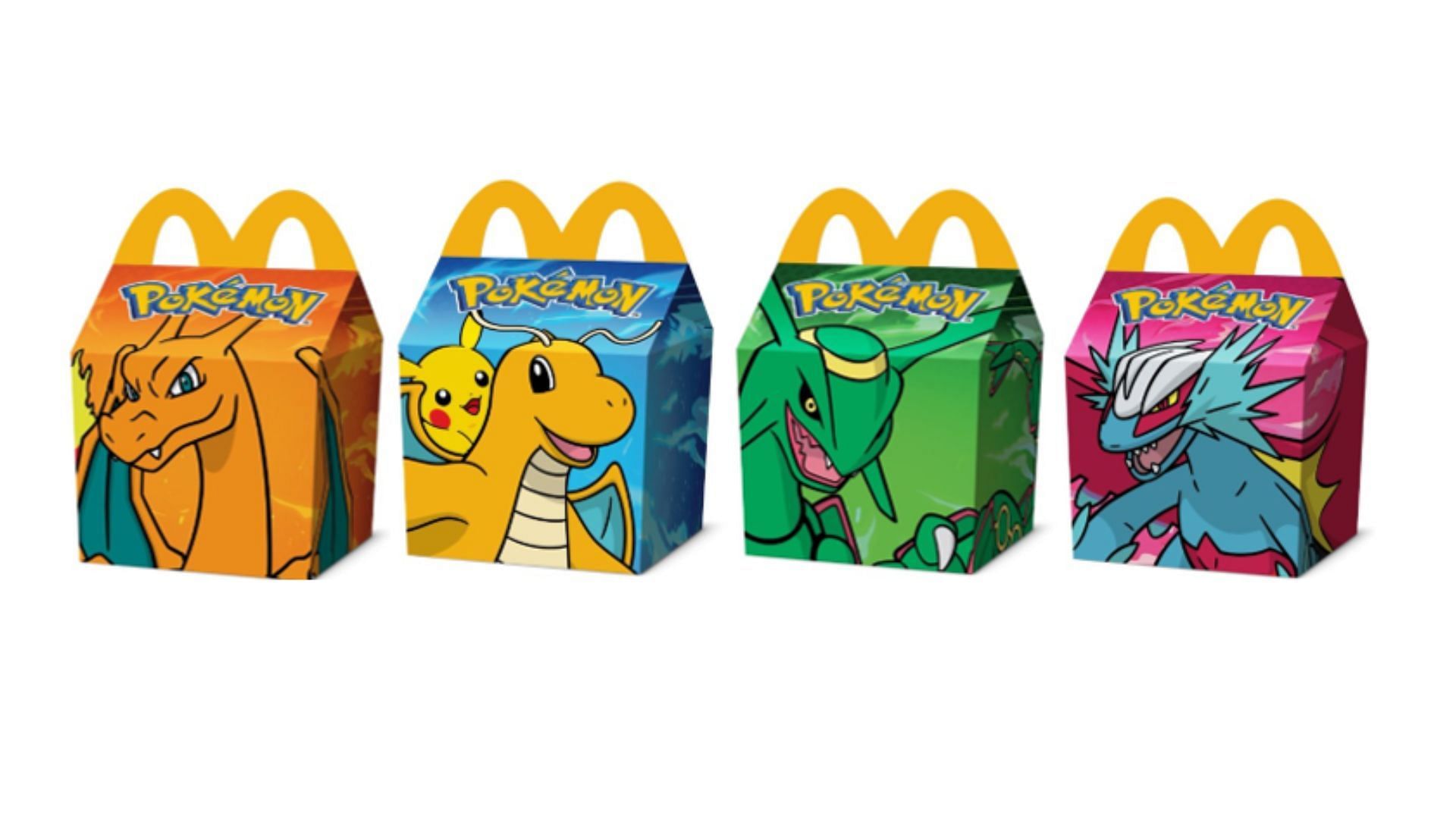 The boxes feature Charizard, Pikachu &amp; Dragonite, Rayquaza, and Roaring Moon (Image via McDomald&#039;s)