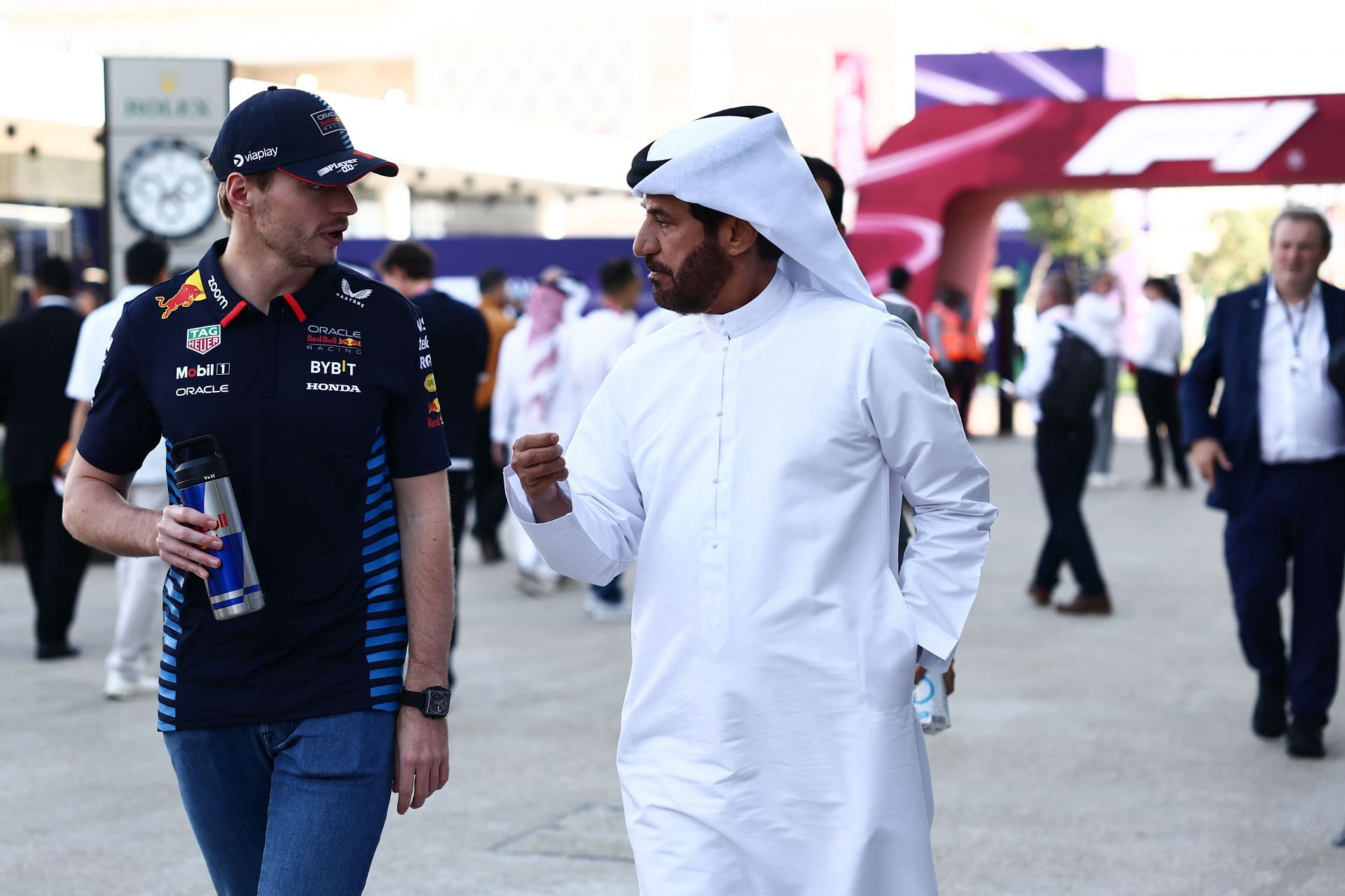 Max Verstappen of Red Bull Racing and Mohammed Ben Sulayem ahead of the Formula 1 Grand Prix of Qatar- Source: Getty