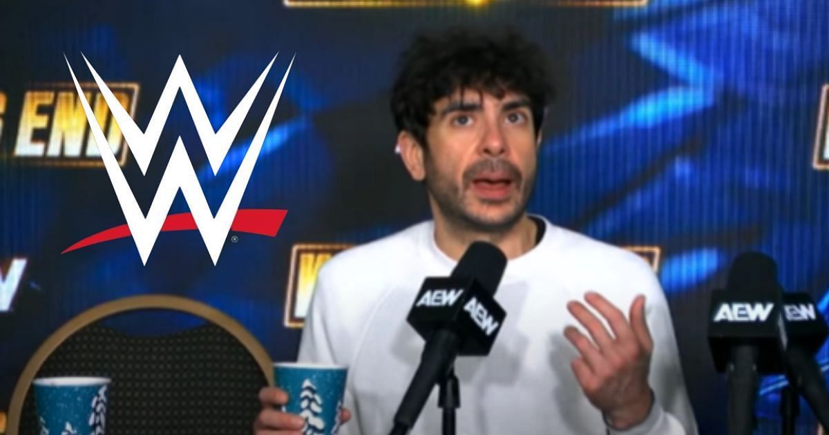 Tony Khan at Worlds End 2025 presser and WWE logo [source: AEW on YouTube and WWE on X]