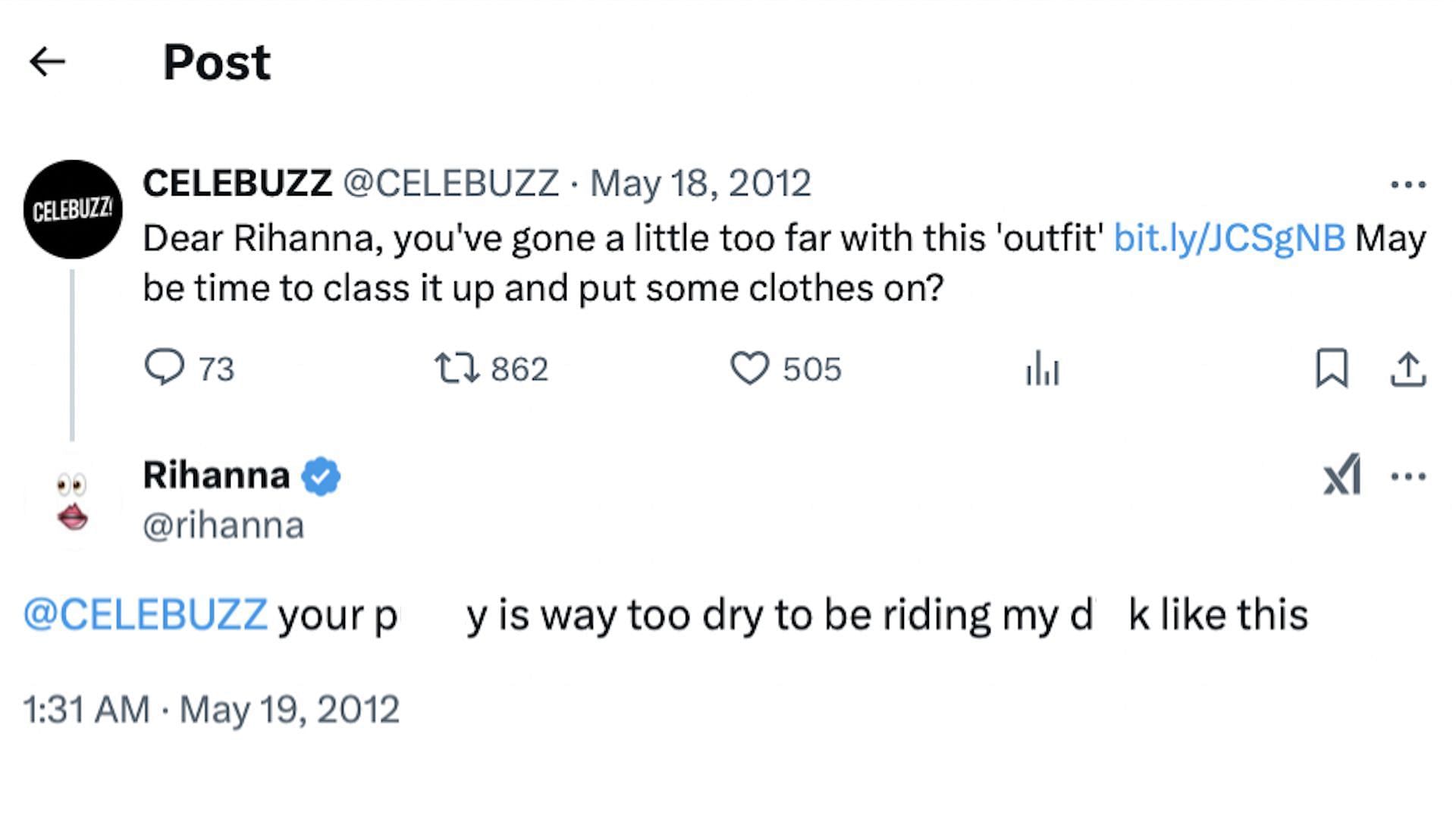 Screenshot of Rihanna responding to CELEBUZZ in a tweet from May 19, 2012 (Image via X/@CELEBUZZ)