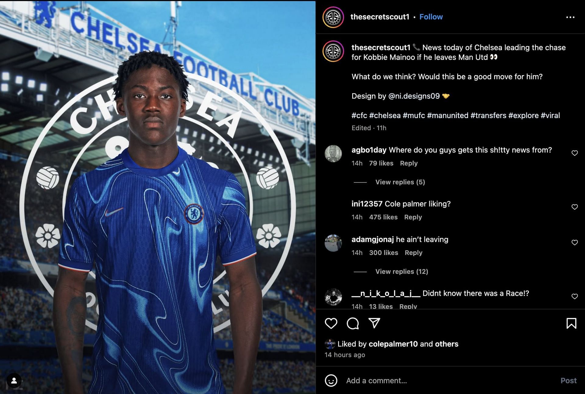 Cole Palmer likes the Instagram post regarding Chelsea&#039;s interest in Kobbie Mainoo. (Image Credit: Instagram/thesecretscout1)