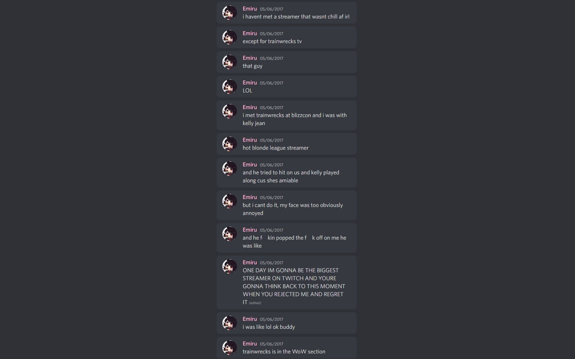 Emiru&#039;s Discord chat logs from 2017 (Image via imgur.com)