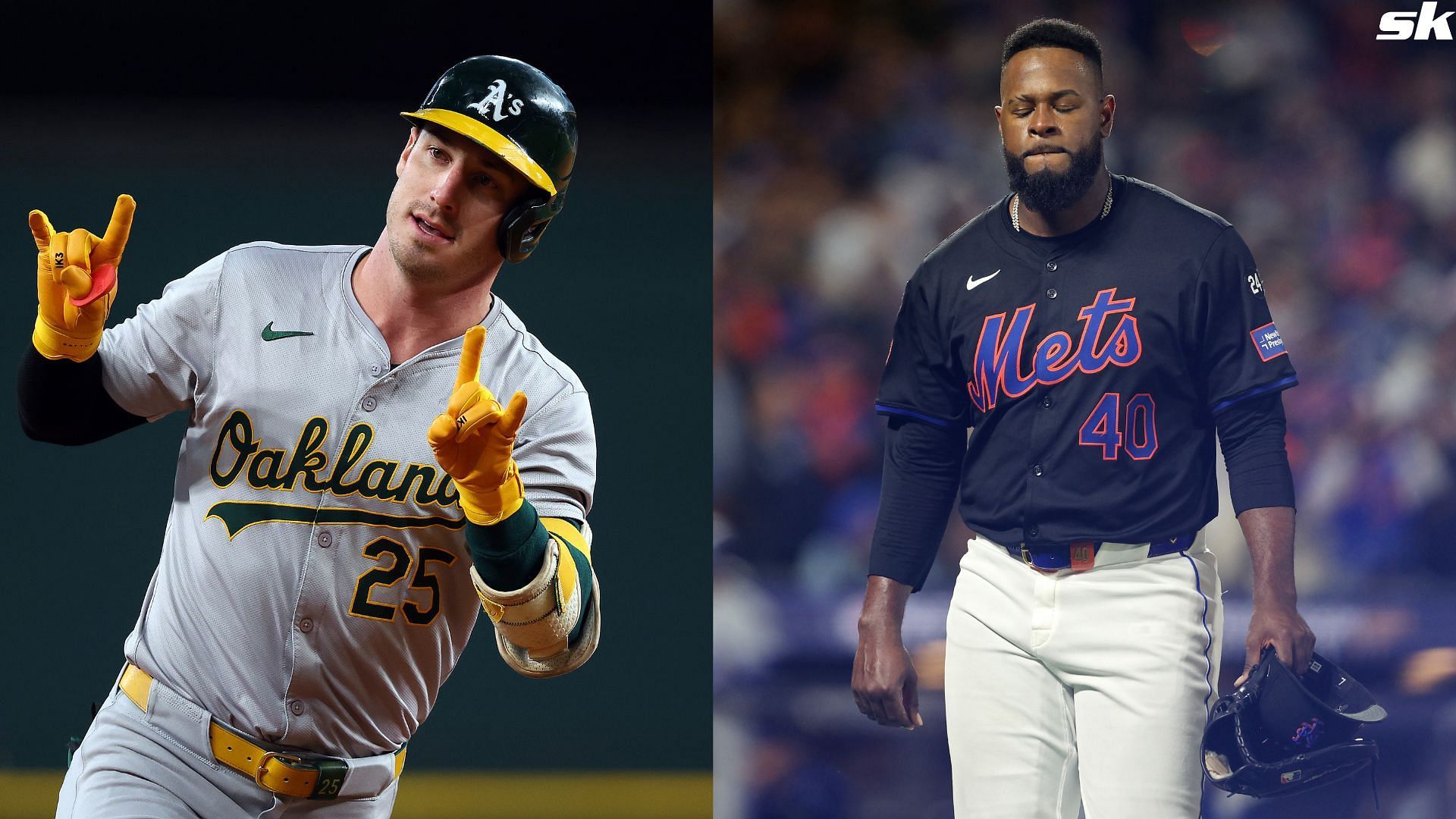 Brent Rooker of the Oakland Athletics gestures toward the dugout as he runs the bases after a solo home run against the Texas Rangers at Globe Life Field (Source: Getty)