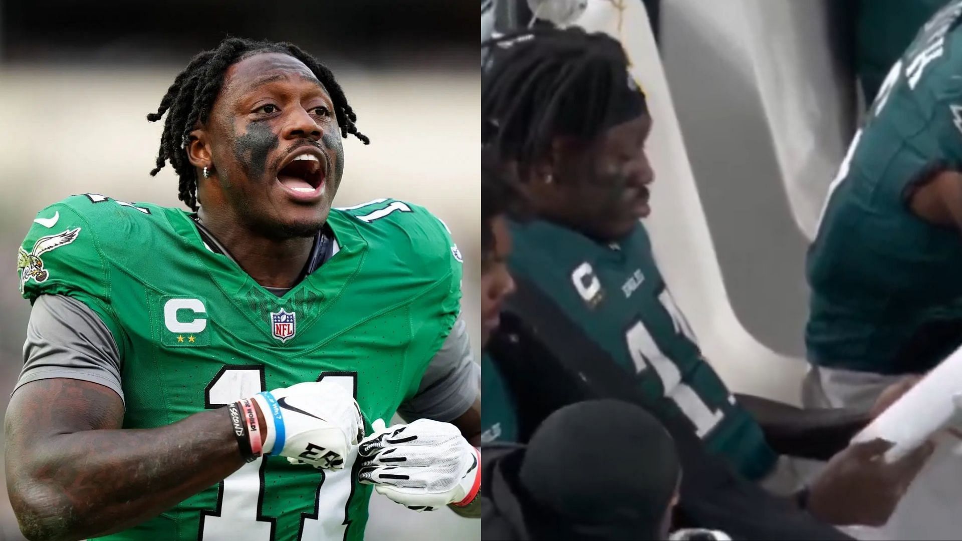 AJ Brown reads a book during Eagles-Packers game (left image via Getty, right image via Fox)