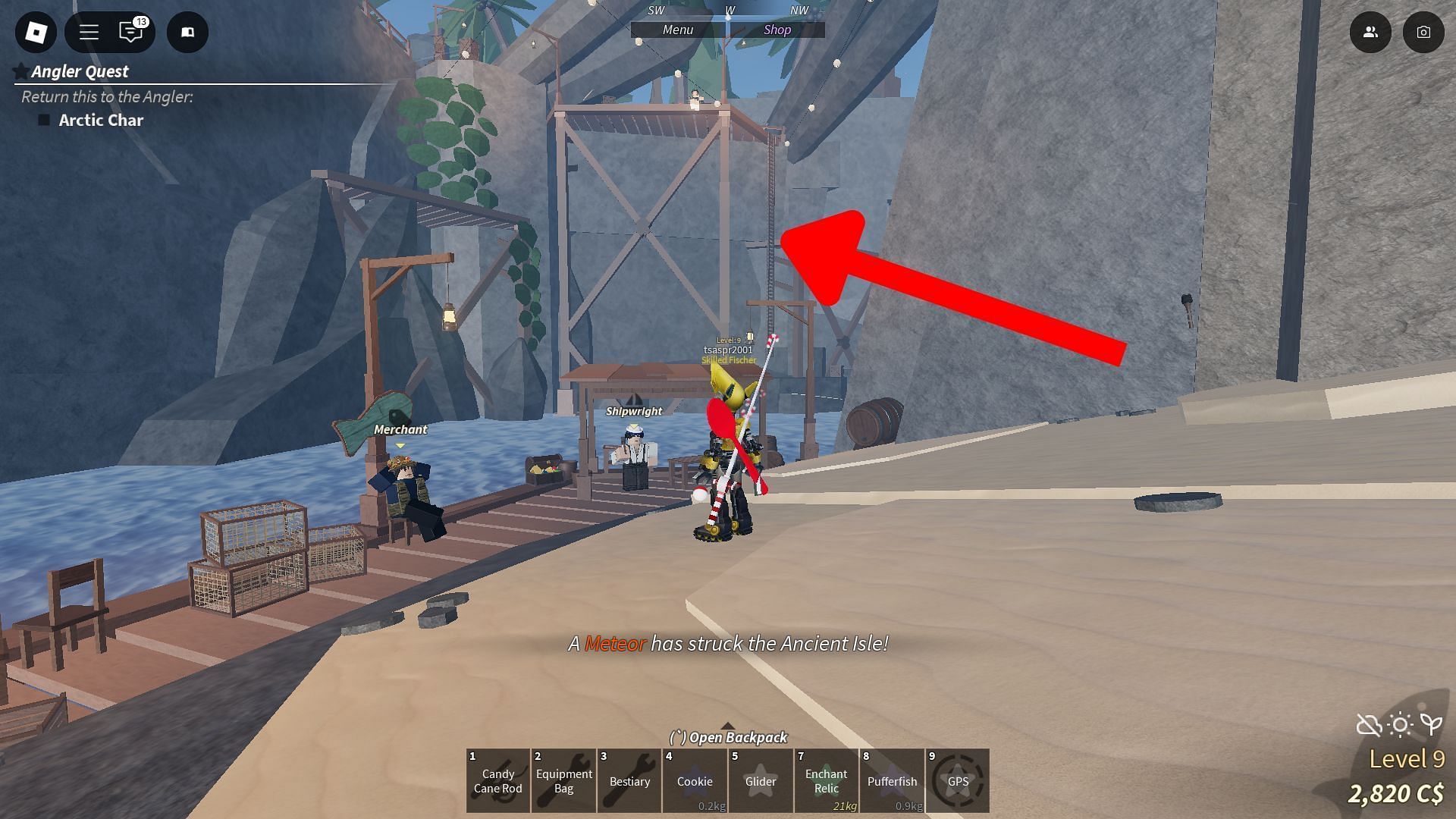 Use the highlighted ladder to reach Merlin&#039;s Hut (Image via Roblox)