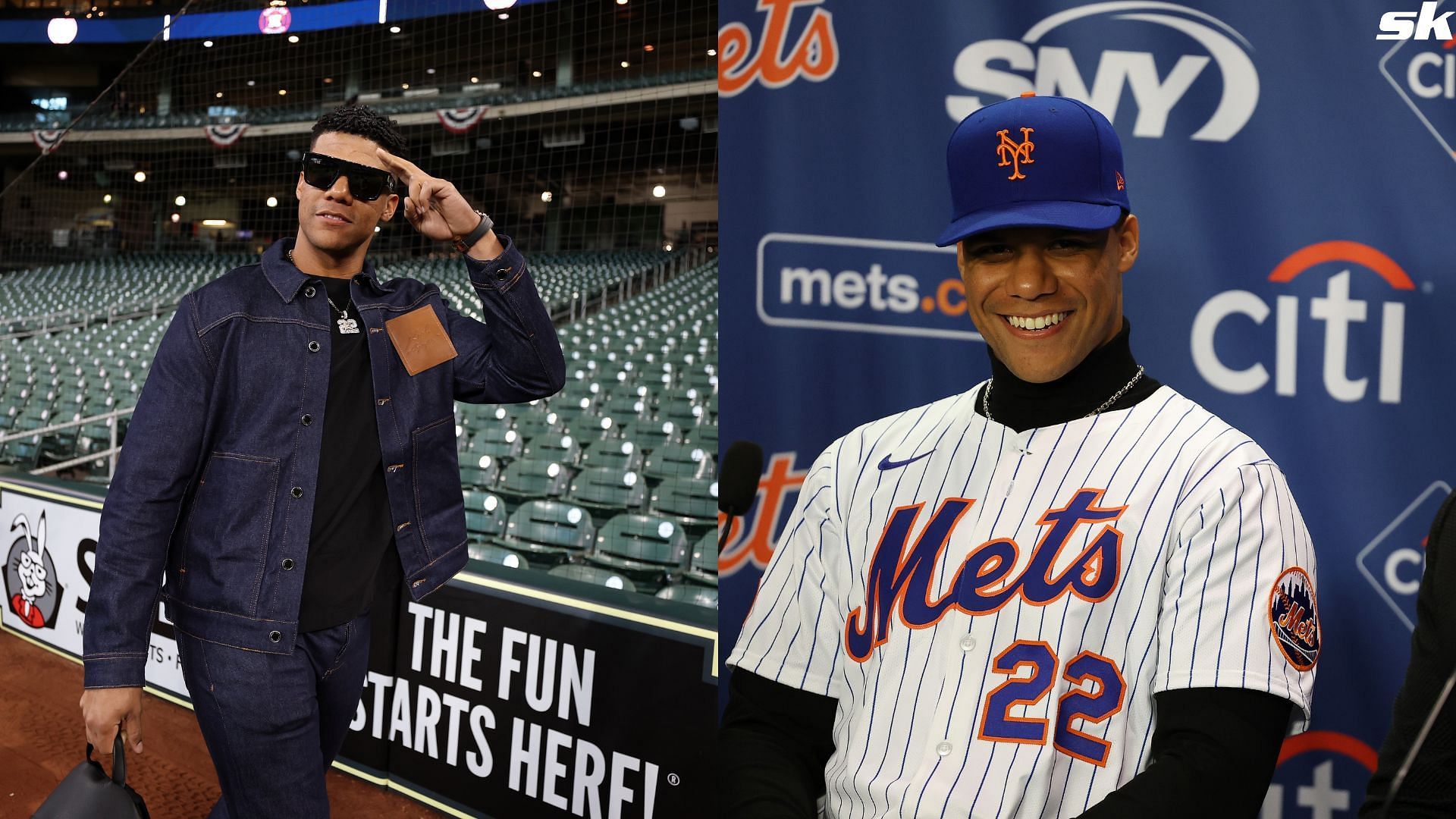 Juan Soto of the New York Mets sits at the dias during his introductory press conference at Citi Field (Source: Getty)