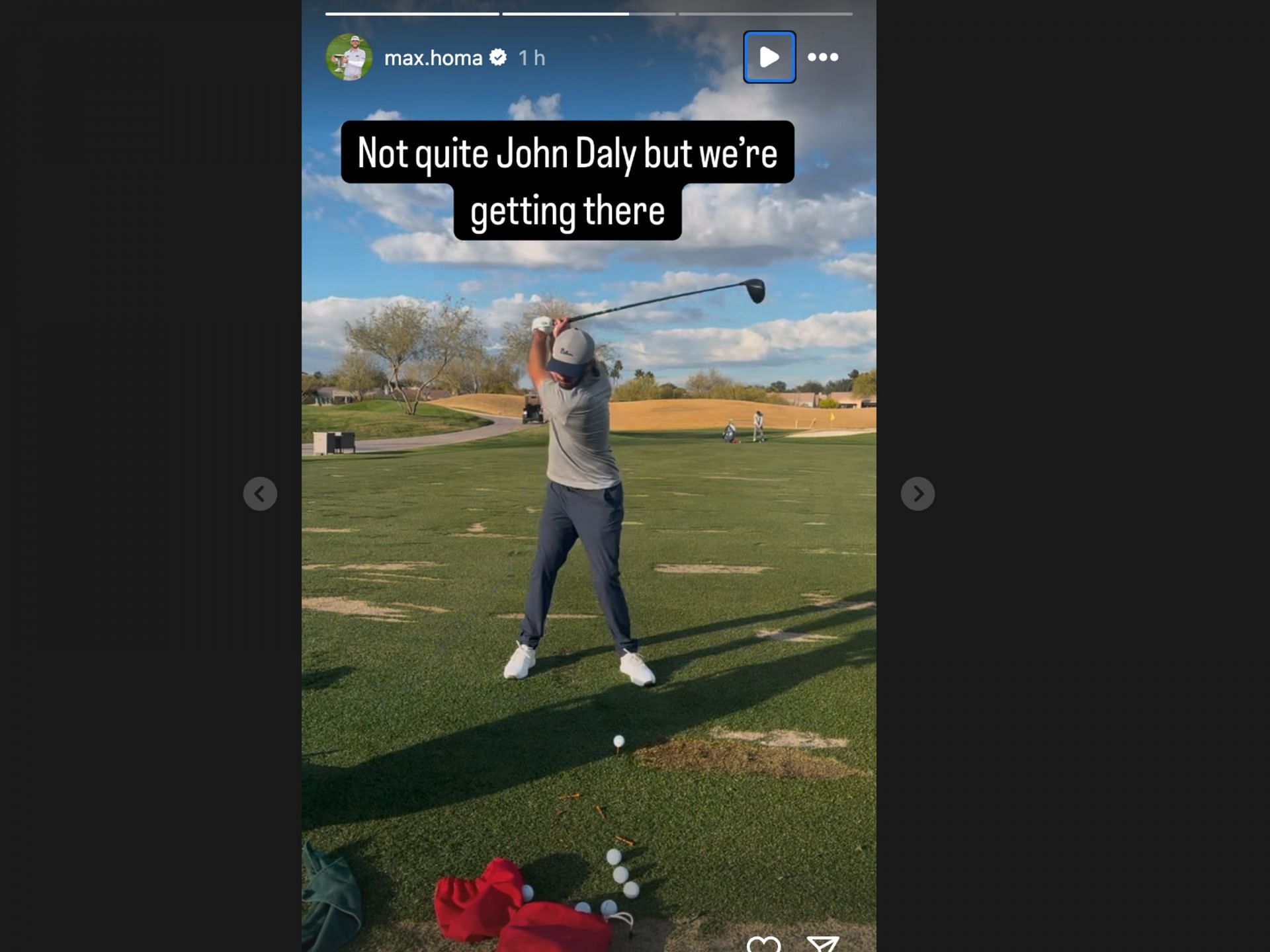 Max Homa tries to imitate John Daly&#039;s swing (image via instagram@max.homa)