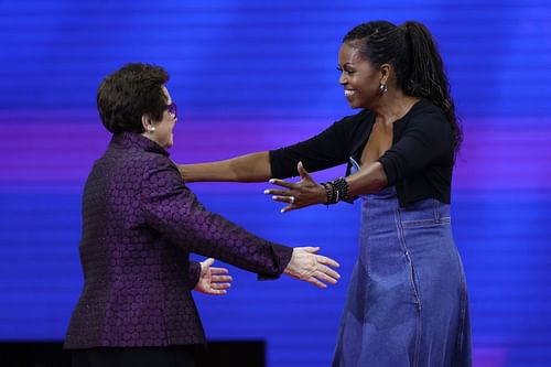 Billie Jean King (L) and Michelle Obama (R) at the 2023 US Open (Source: Getty)