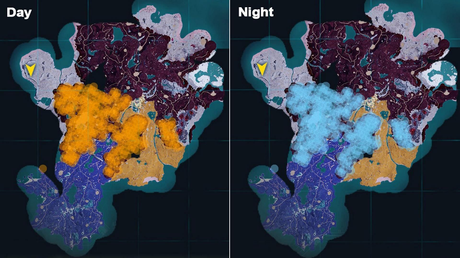 Tarantriss&#039;s habitat locations during day and night in Feybreak Island (Image via Pocketpair)