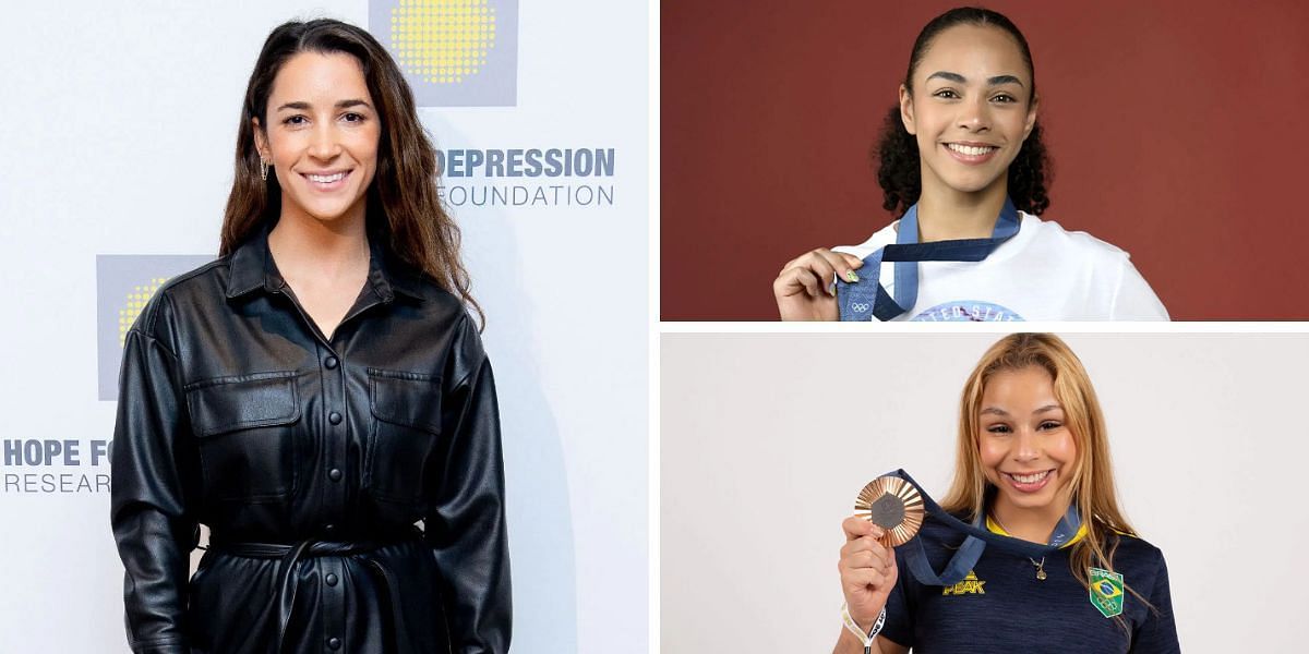 Flavia Saraiva (bottom-right) and Hezly Rivera (top-right) react to Aly Raisman