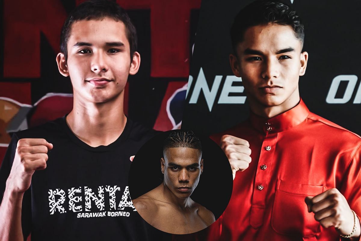 Elias Ghazali (left), Johan Ghazali (right), and Johan Estupinan (circle inset). [Rentap Muay Thai Instagram, ONE Championship]