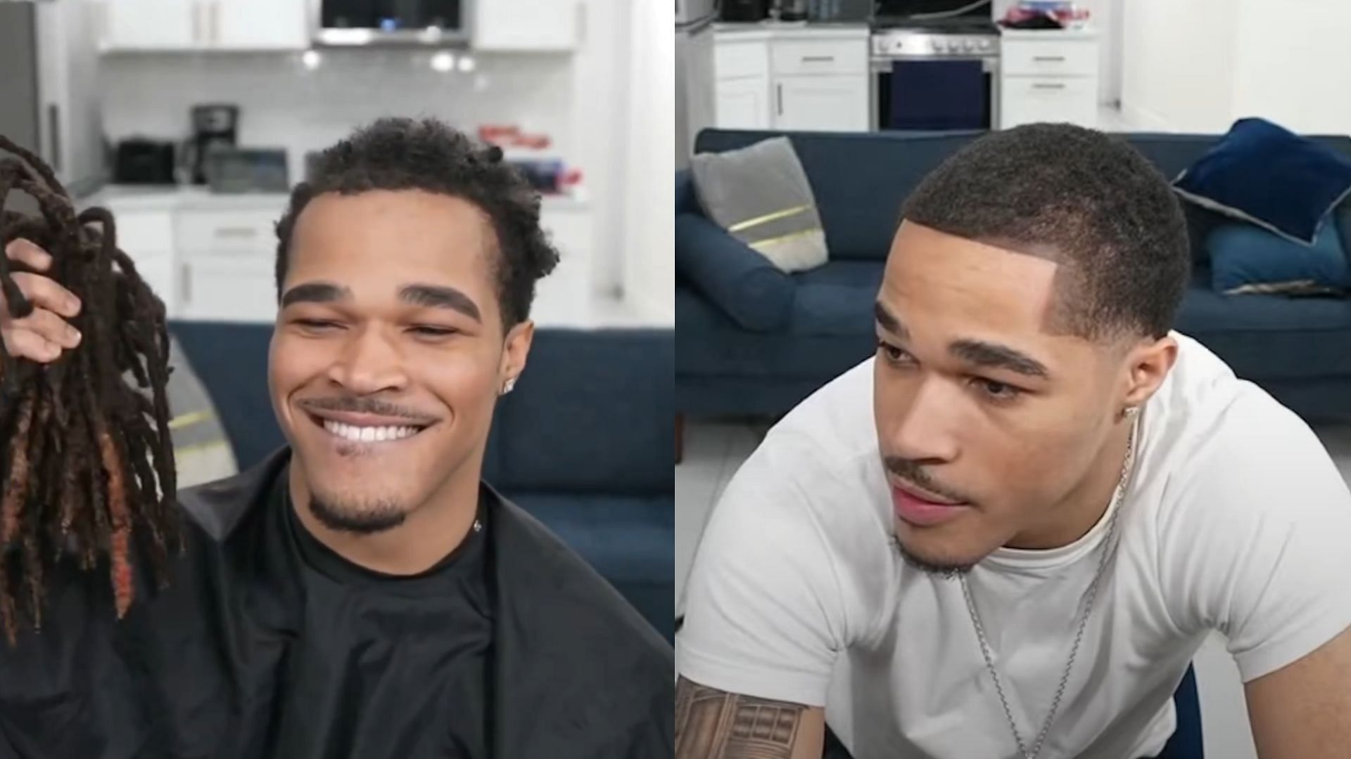 Plaqueboymax recently cut his dreadlocks and got a taper fade during a broadcast (Image via FearedBuck/X and plaqueboymax/YouTube)