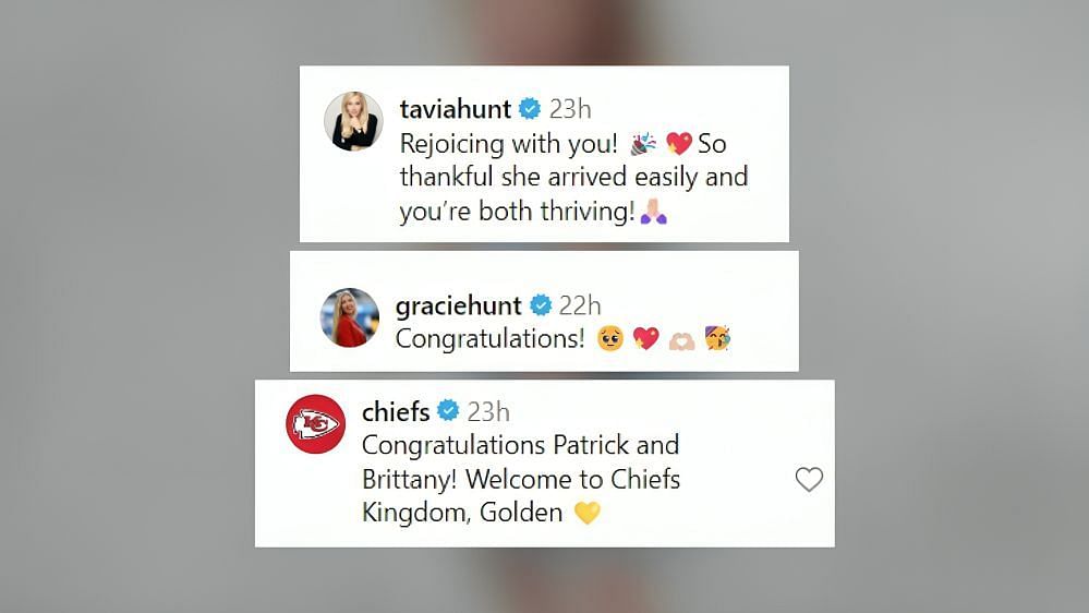 Tavia Hunt, Gracie Hunt and Chiefs shares well-wishes to Patrick Mahomes and Brittany (image credit: instagram/brittanylynne)