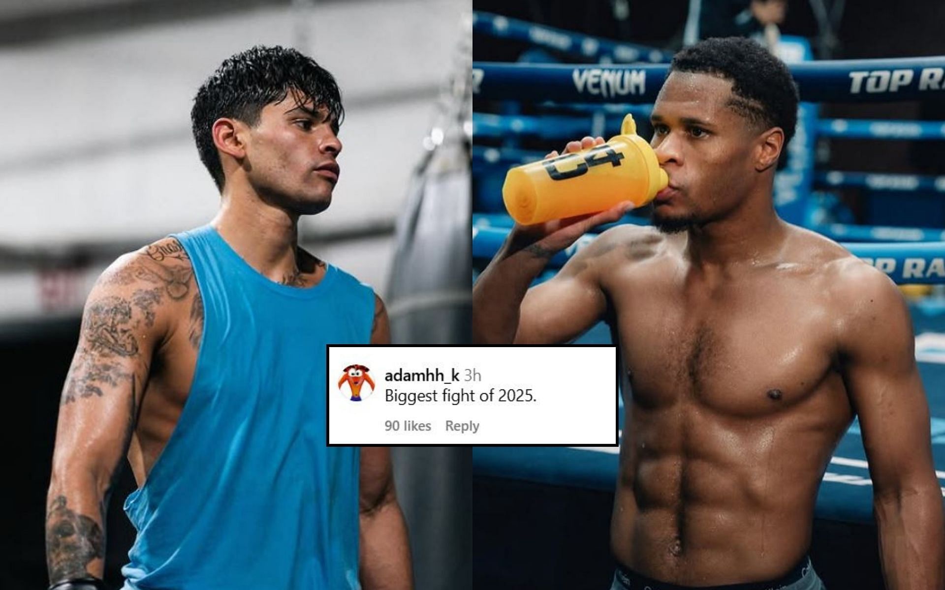 Fans react (insert) to Ryan Garcia (left) and Devin Haney (right) agreeing to a rematch. [Image credit: @kingryan, @realdevinhaney, @fullviolence on Instagram]