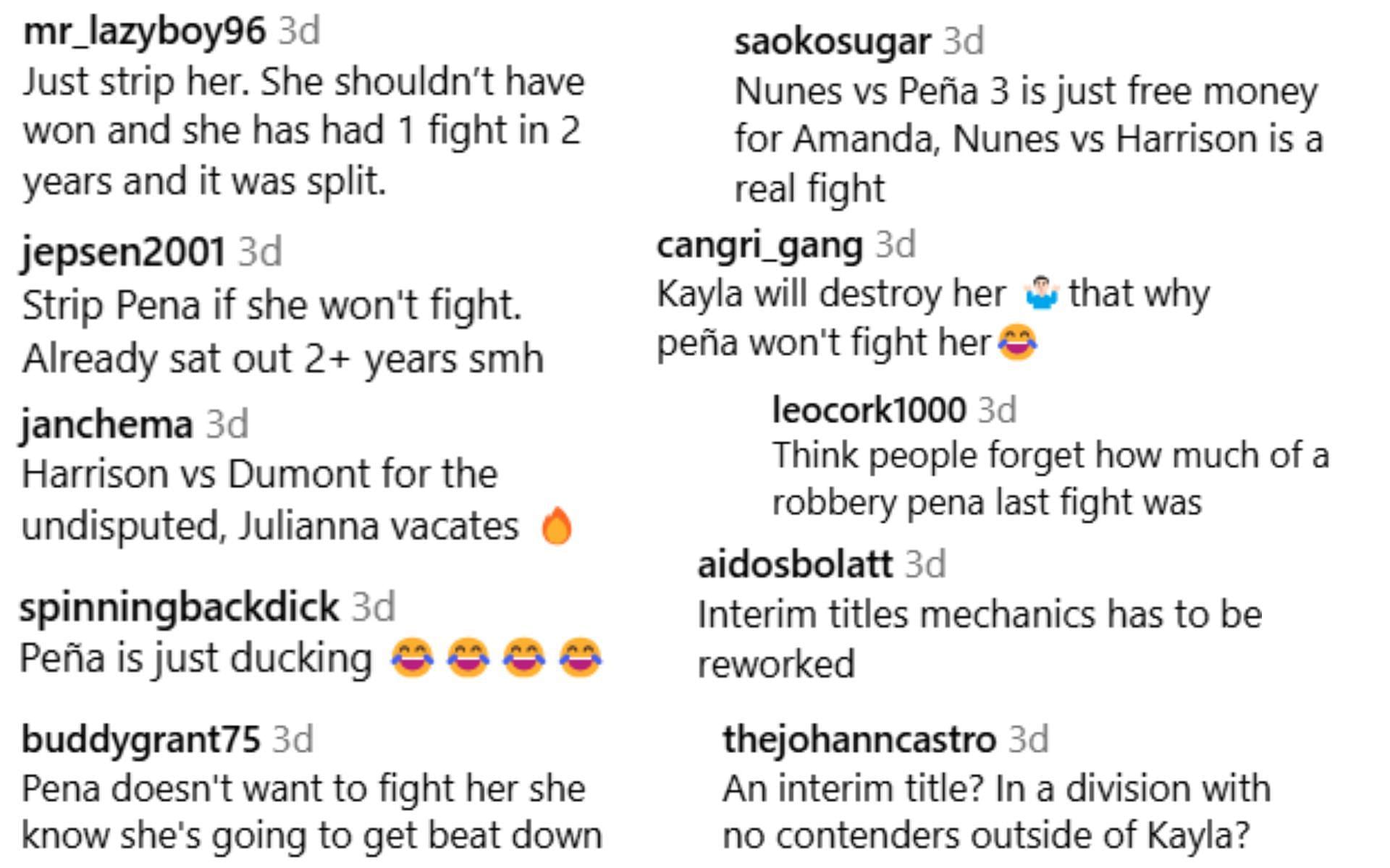 Fan comments under MMA Junkie&#039;s post on Pena vs. Harrison [Image courtesy: @mmajunkie]