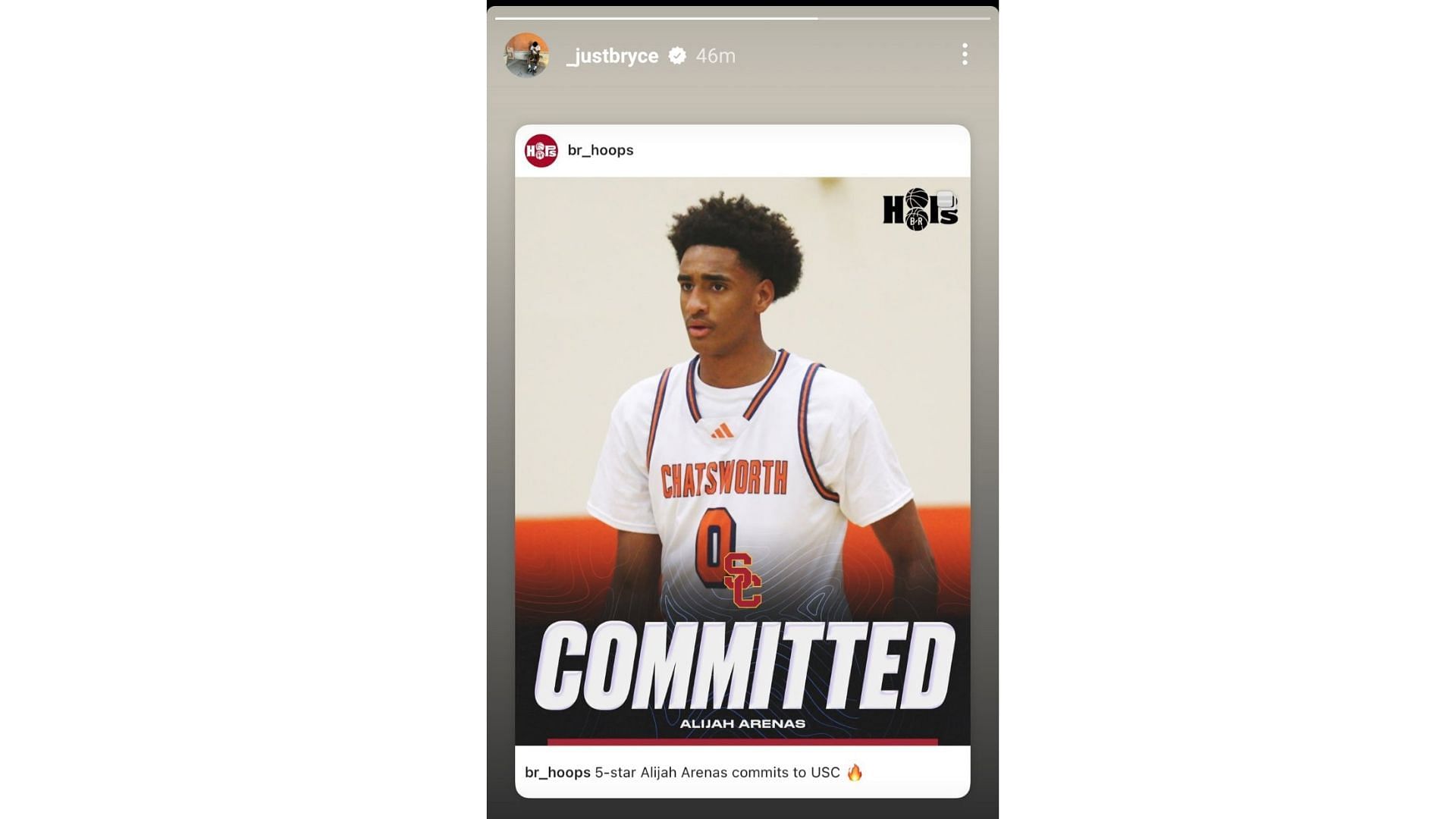 Bryce James shared a post announcing Alijah Arenas&#039; commitment to USC on his Instagram story on Thursday, Jan. 30, 2025. Source: Instagram/@_justbryce