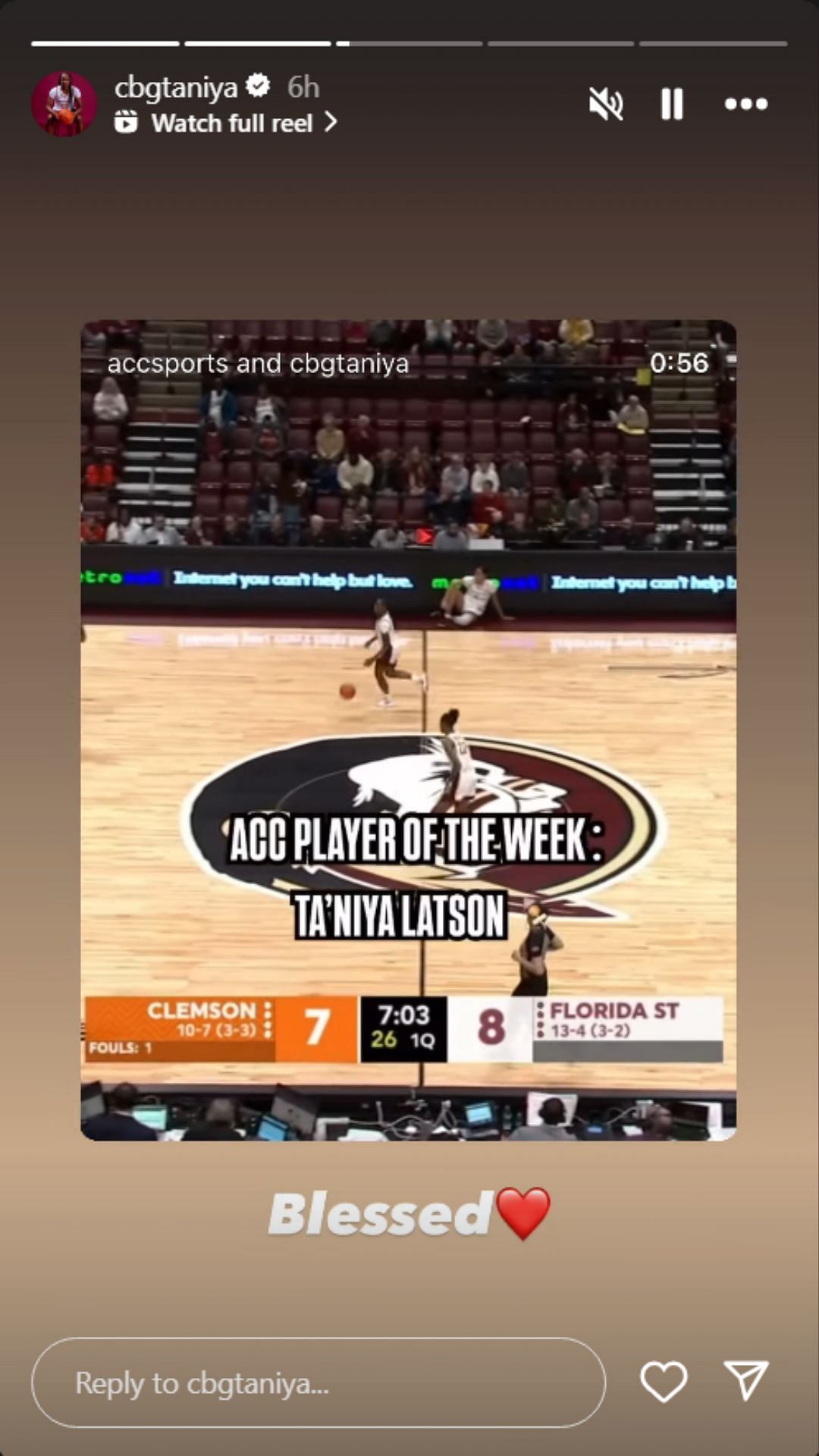 Ta&#039;Niya Latson&#039;s reaction to her ACC Player of the Week honor (Credits: Instagram/@cbgtaniya)