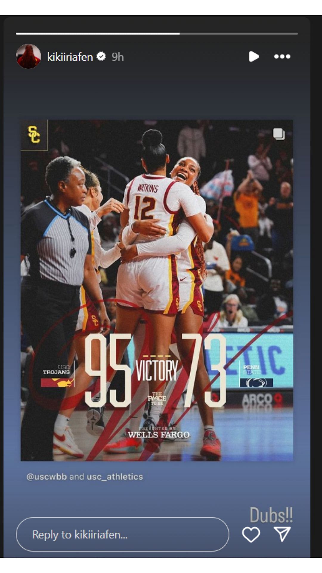 Kiki Iraifen shares USC&#039;s 95-73 win over visiting Penn State on IG. Image via @kikiiriafen