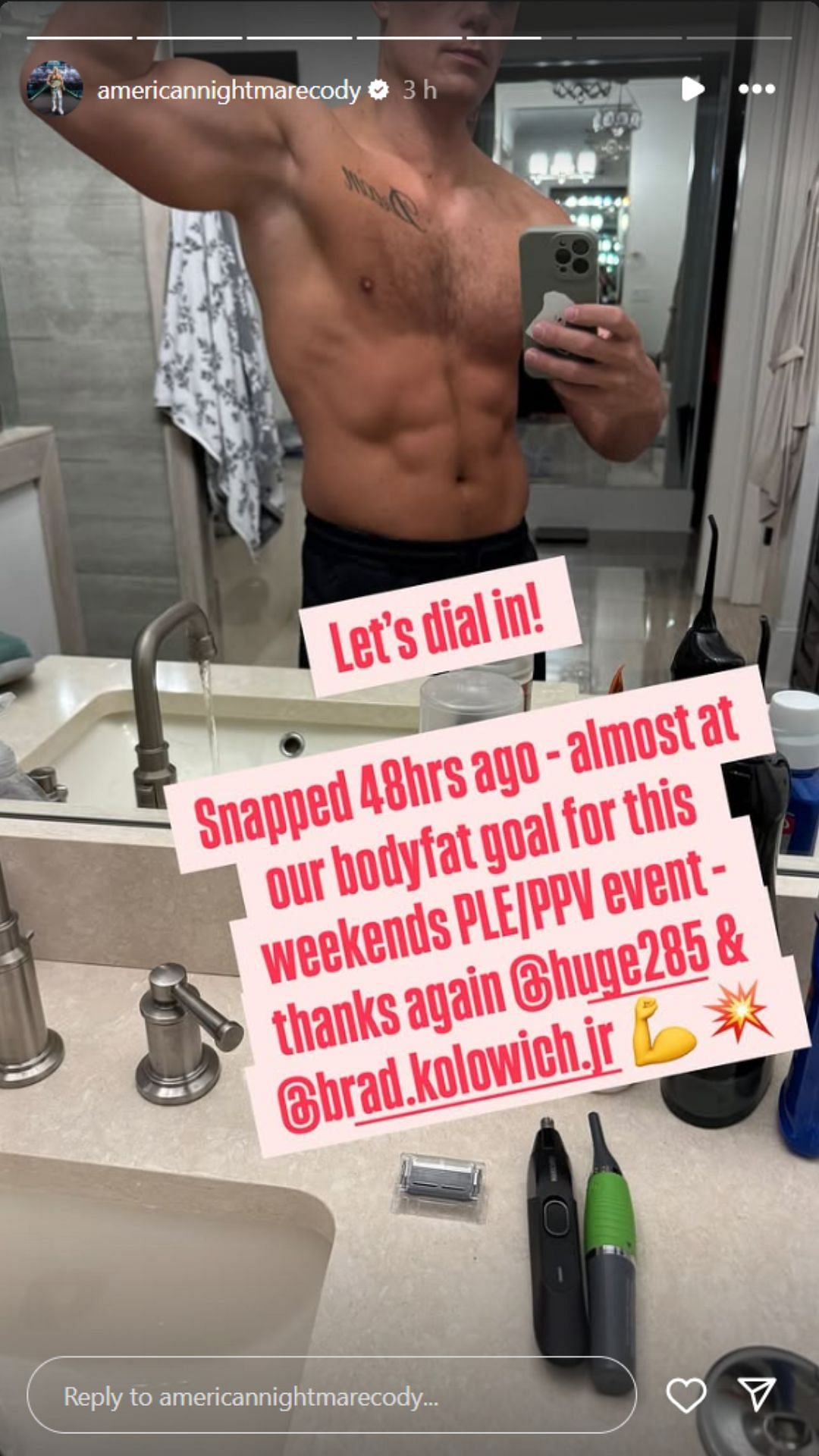 The American Nightmare shows off his impressive physique. [Photo Credits: Screenshot of Cody Rhodes&#039; Instagram story]