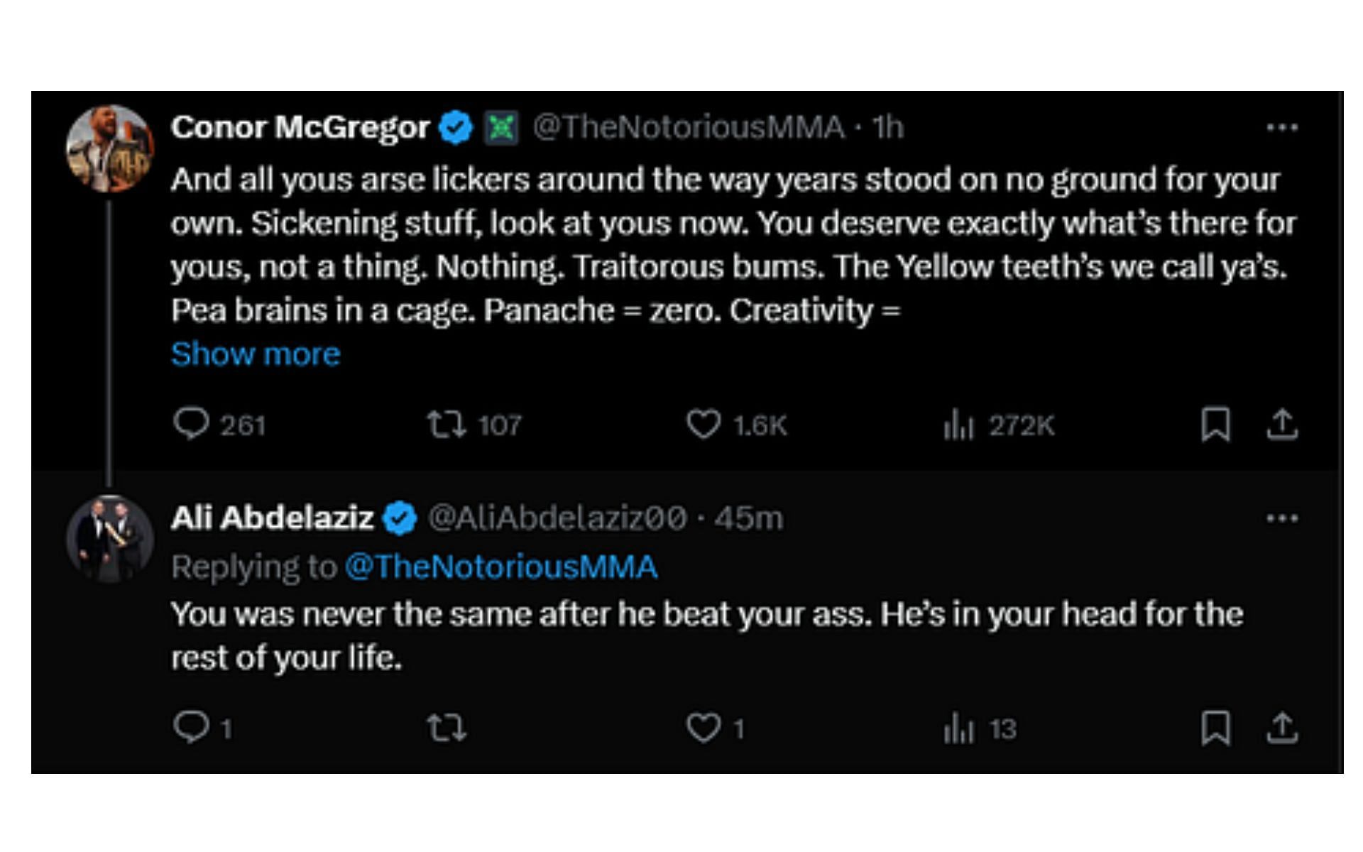 Screenshot of Ali Abdelaziz&#039;s X post. [Image courtesy: @AliAbdelaziz00 and @TheNotoriousMMA on X]