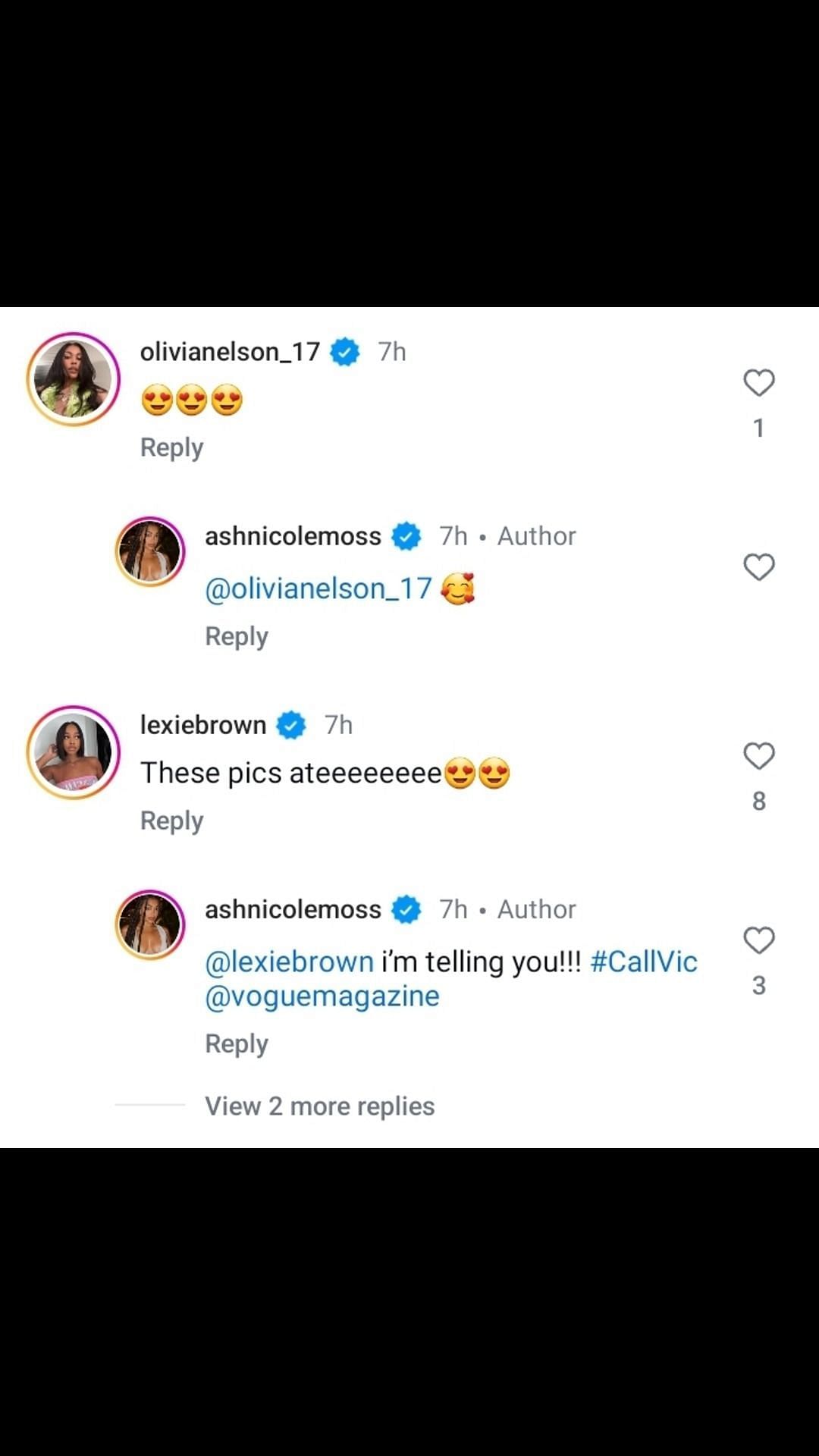 Lexie Brown and Olivia Nelson send love to Ashley Nicole Moss on Instagram. Image source: IG.com/ashnicolemoss