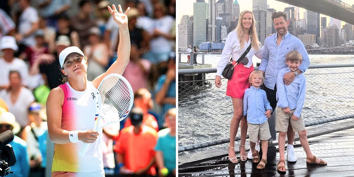 Iga Swiatek (L) &amp; Wim Fissette with his wife Jasmien Clijsner and sons Arthur &amp; Louis (R) [Image Source: Getty Images; Instagram/@fissettewim]