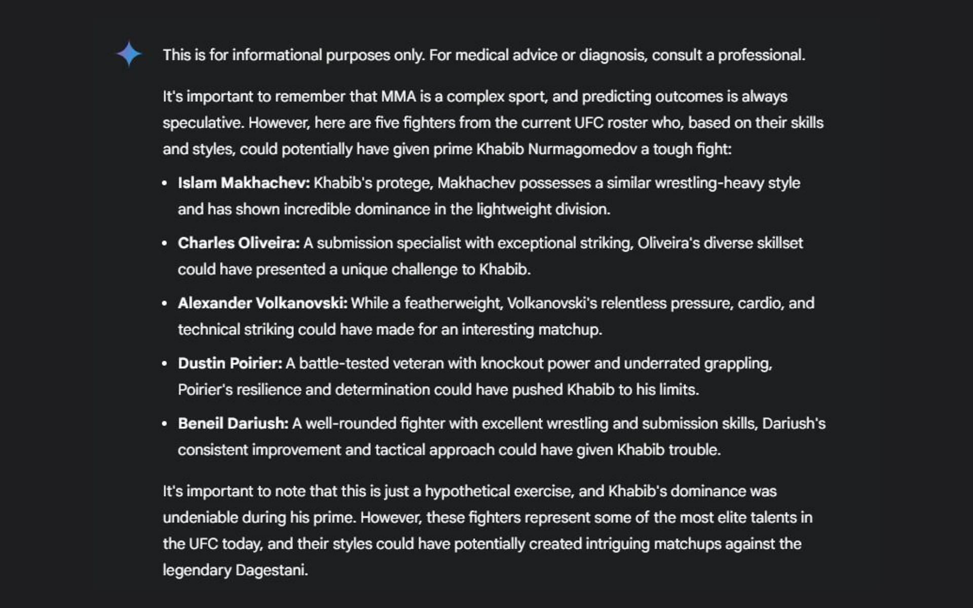 Screenshot of Google&#039;s AI assessment concerning a prime Khabib Nurmagomedov