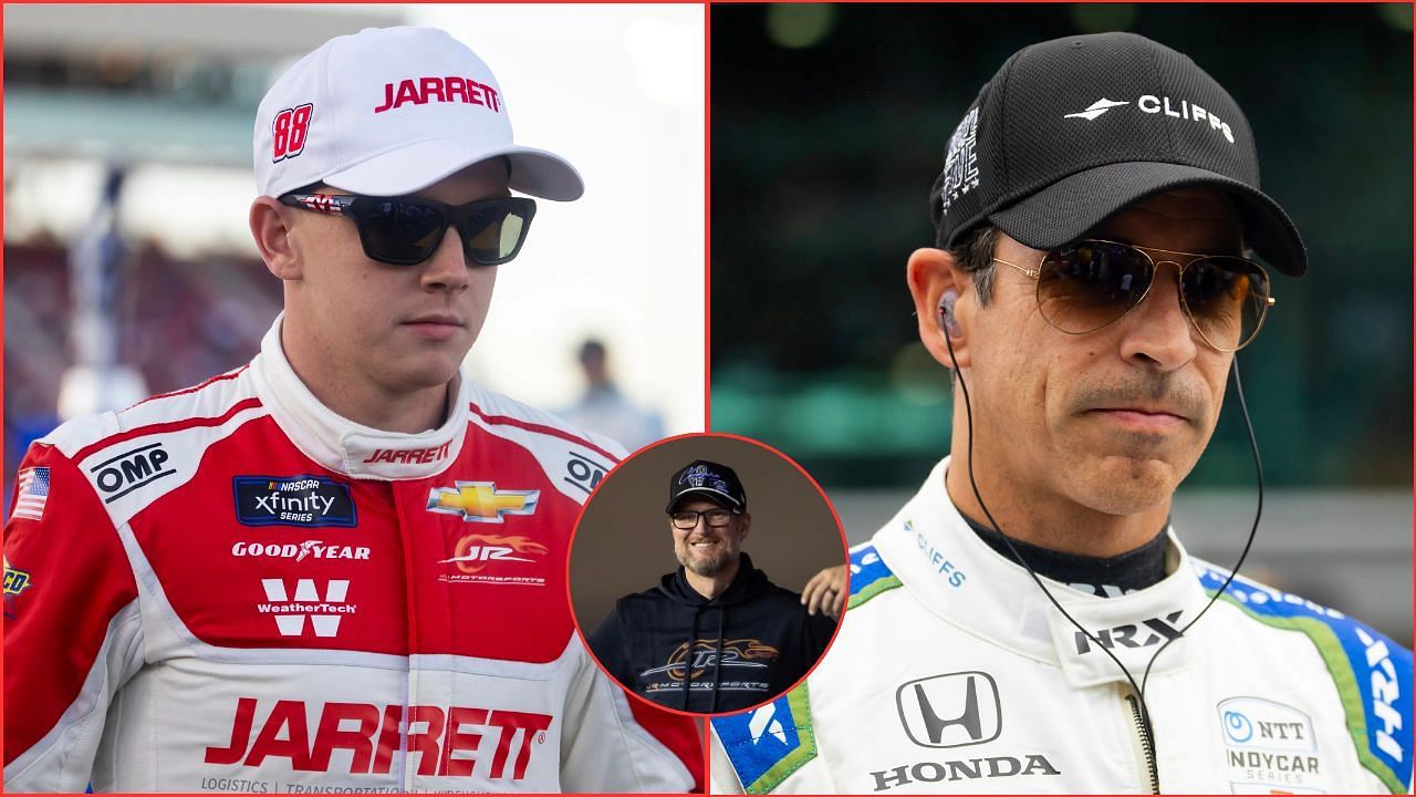 In Picture: Connor Zilisch (left), Helio Castroneves (right), and Dale Earnhardt Jr. (middle). Credit: Imagn