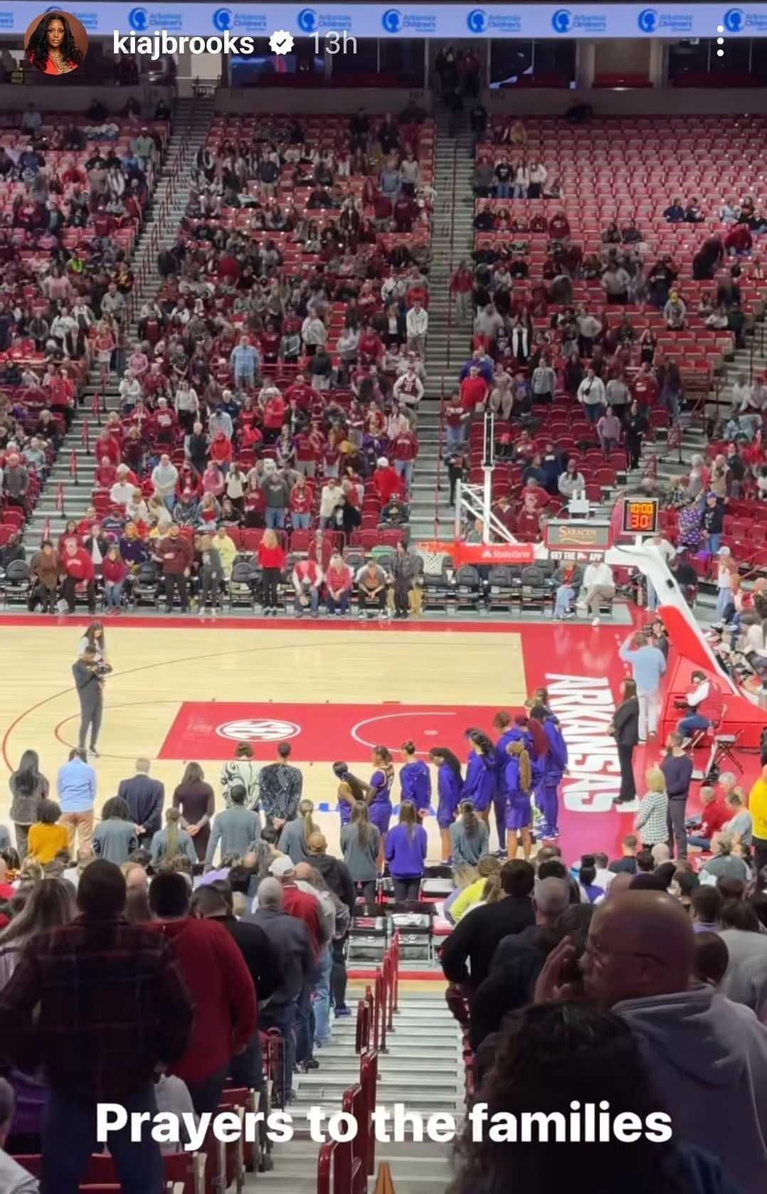 Kia Brooks reacts to the moment of silence at the LSU-Arkansas game. (Instagram/@kiajbrooks)