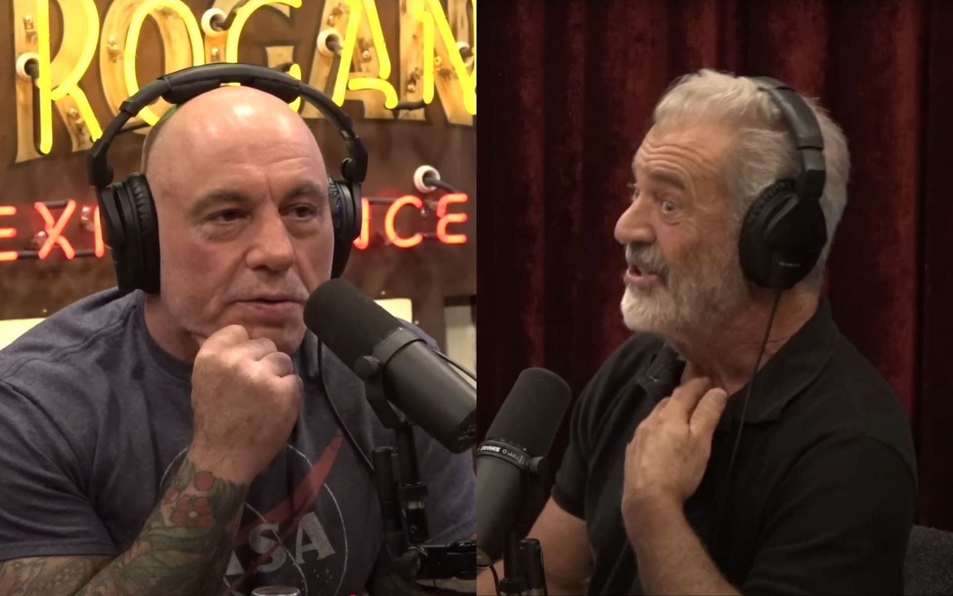 Joe Rogan (left) and Mel Gibson (right) talk about Ivermectin. [Image credit: JRE on YouTube]