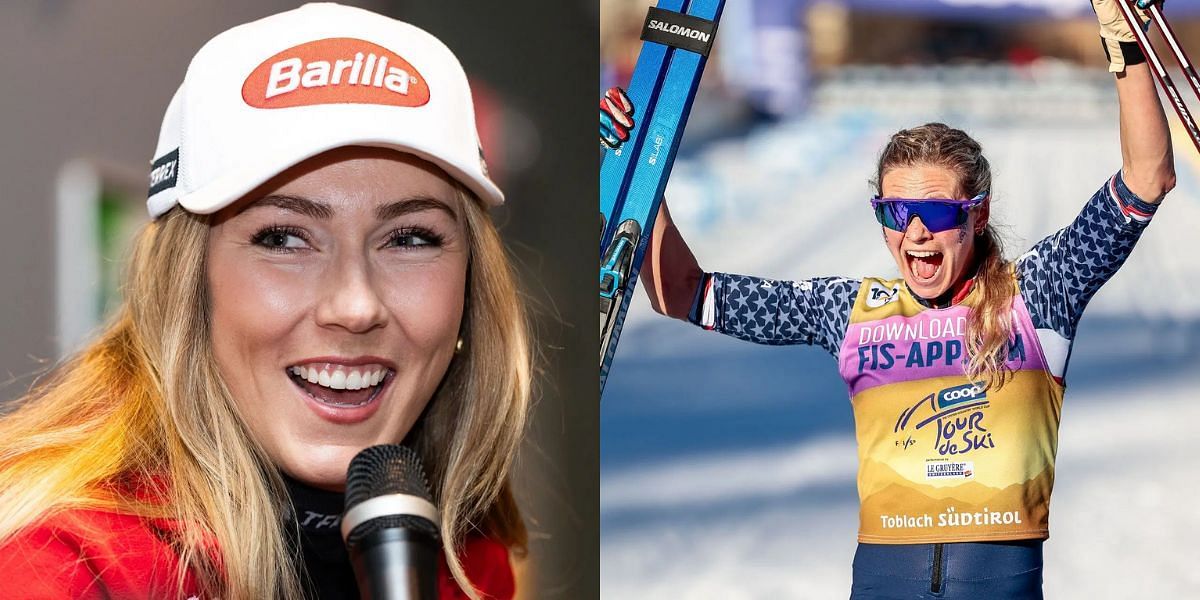 Mikaela Shiffrin reacts to Jessie Diggins clinching victory at Tour de Ski. (Images by Getty)