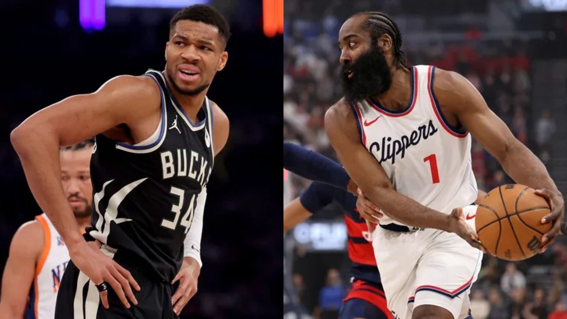 Center Giannis Antetokounmpo of the Milwaukee Bucks, Guard James Harden of the LA Clippers. Photo Credits: Imagn