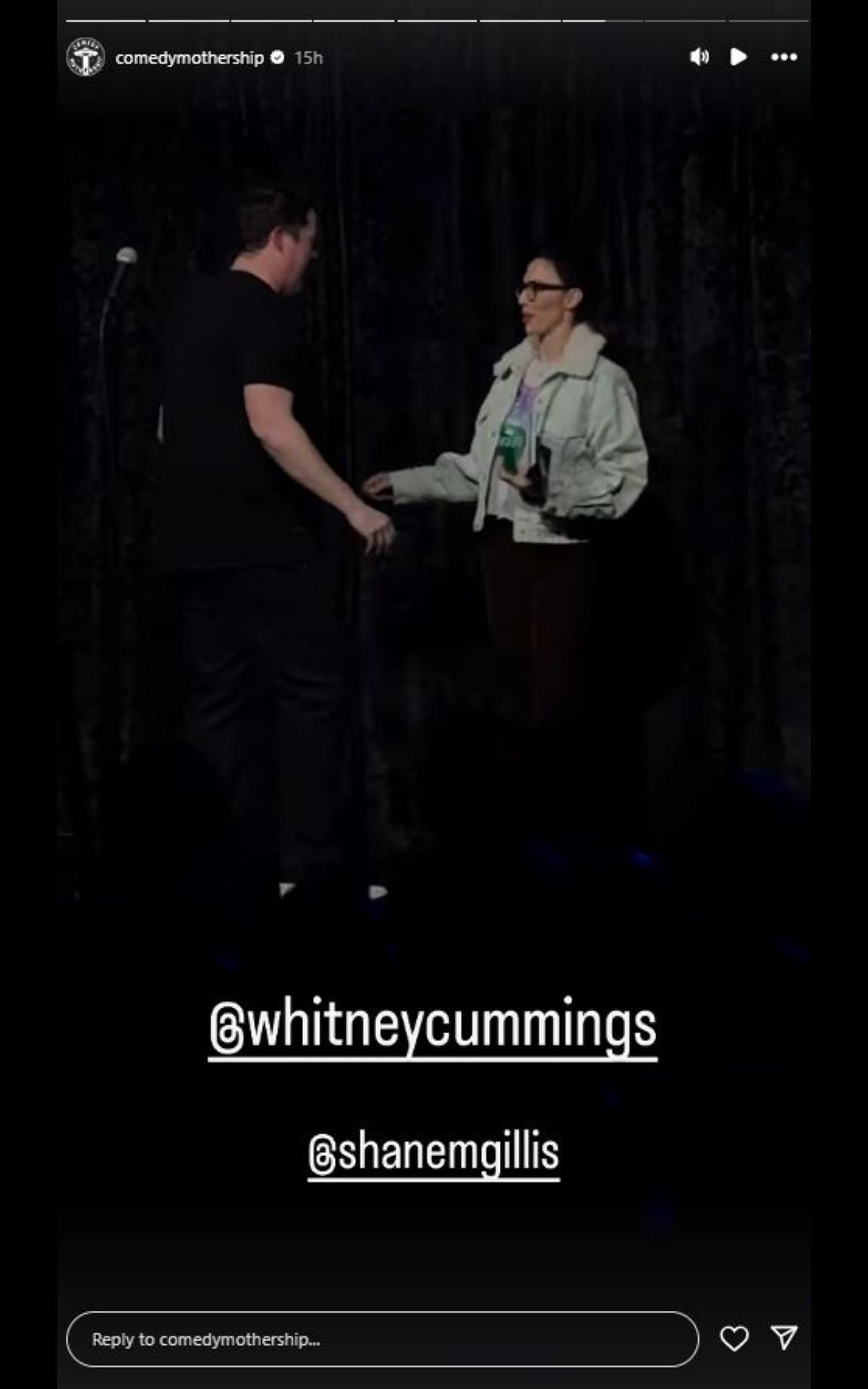 Shane Gillis introducing Whitney Cummings in The Mothership. [Image credit: @comedymothership on Instagram]