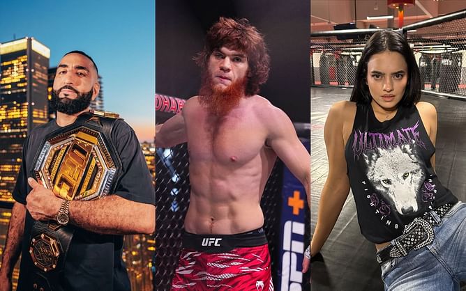 Belal Muhammad reacts to Shara Magomedov attempting his double spinning backfist on Nina-Marie Daniele