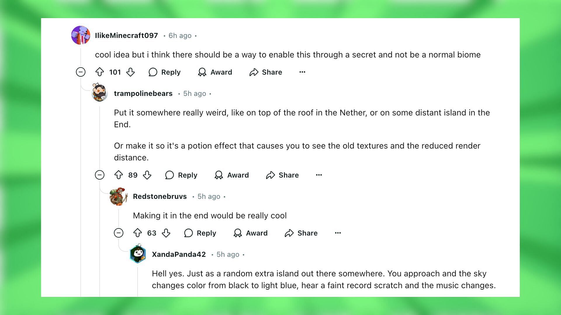 Reddit reacts to the concept of a new biome (Image via Reddit / ModularWings298 / Mojang Studios)