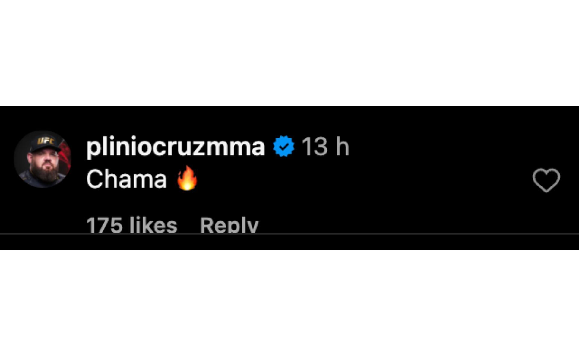 Screenshot of Plinio Cruz&#039;s comment [Image Courtesy: @pliniocruzmma on Instagram]