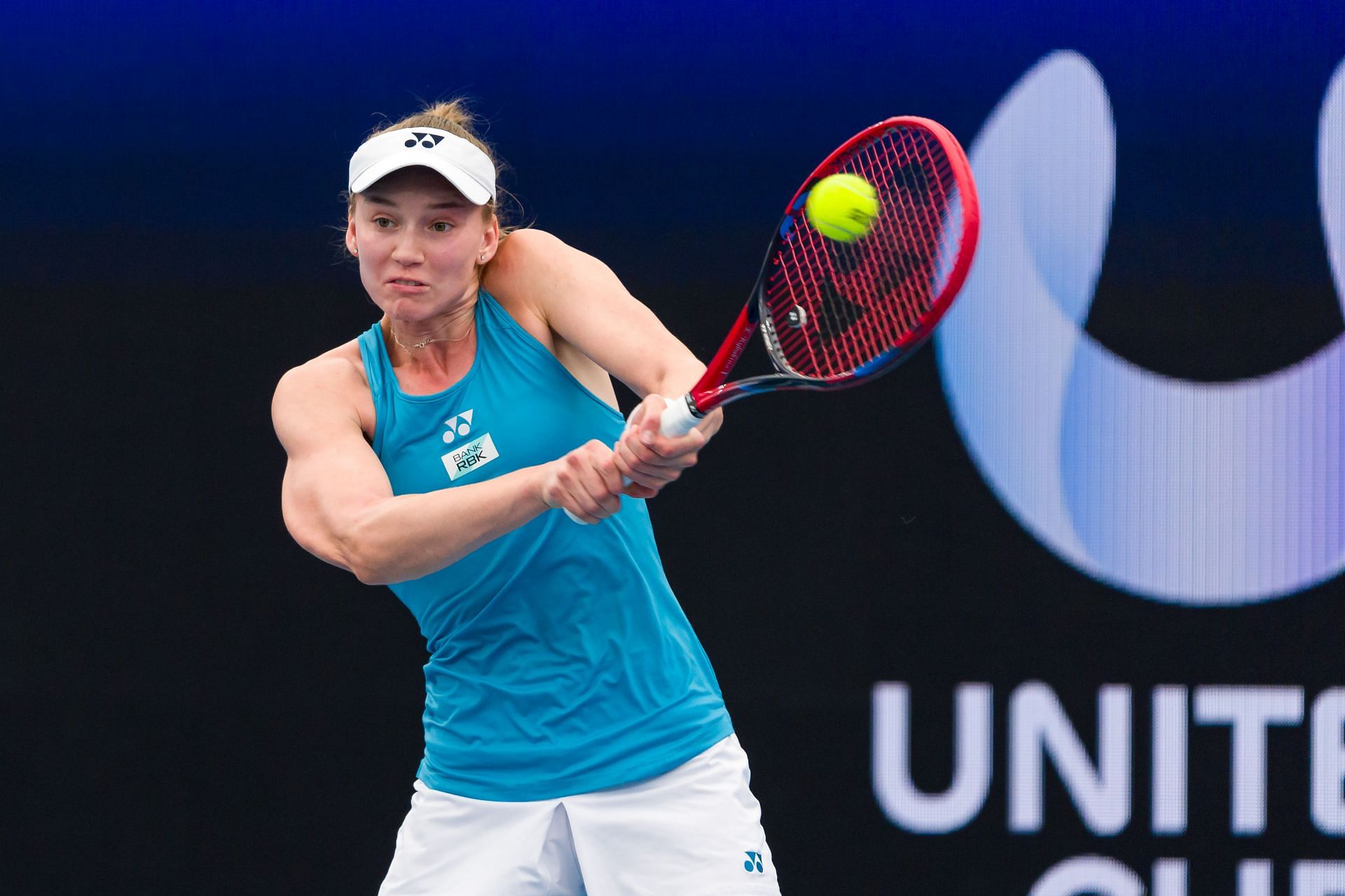 Elena Rybakina of Kazakhstan plays a backhand in the semi-final match against Iga Swiatek of Poland during day nine of the 2025 United Cup at Ken Rosewall Arena on January 04, 2025 in Sydney. - Source: Getty