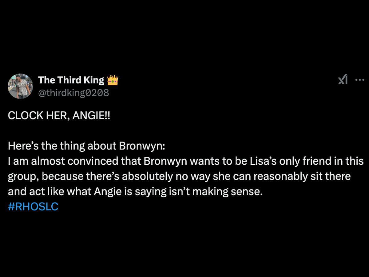 RHOSLC fans criticize Bronwyn (Image via X/@thirdking0208)