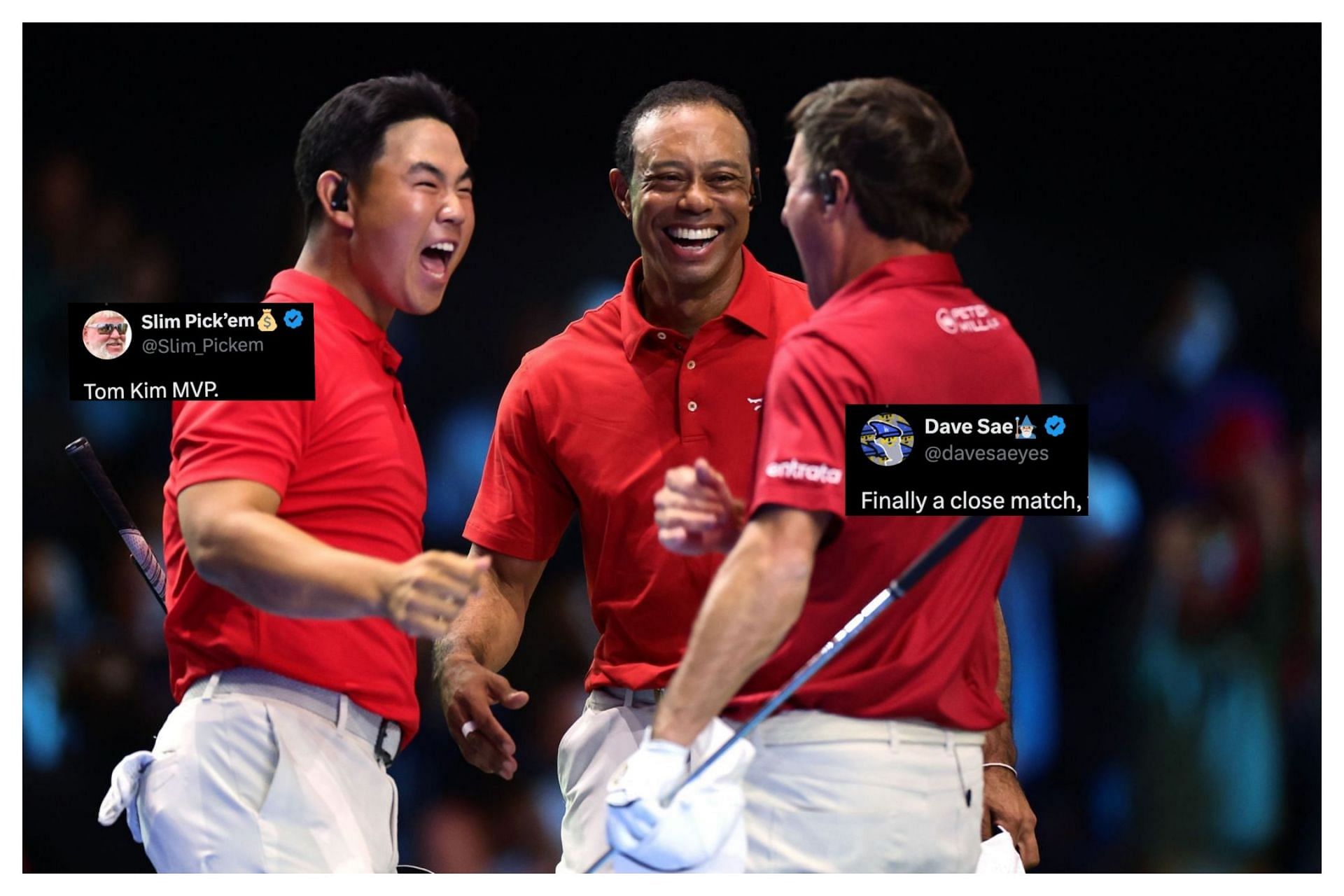 Tom Kim, Tiger Woods and Kevin Kisner celebrate the Jupiter Links GC win in TGL presented (Image Source: Getty, x@davesaeyes, x@Slim_Pickem)