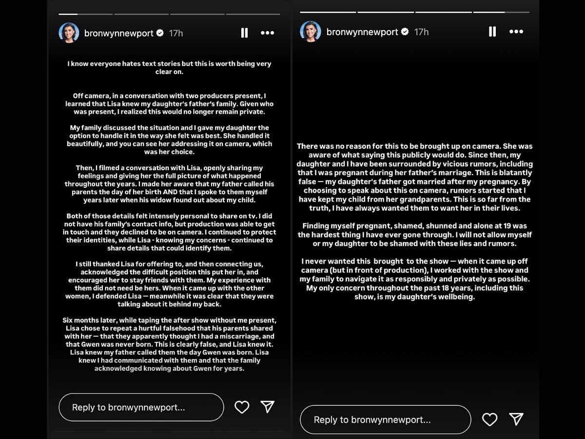 The Real Housewives of Salt Lake City star Bronwyn&#039;s Instagram stories about Lisa Barlow (Image via Instagram/@bronwynnewport)