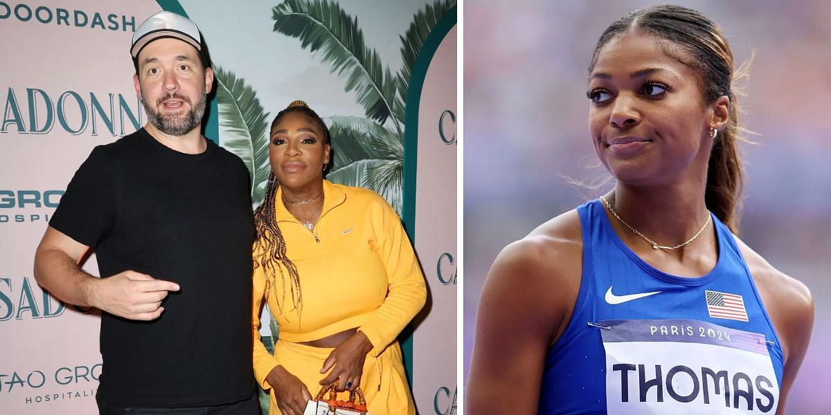 Serena Williams with her husband Alexis Ohanian (L); Gabby Thomas (R) (Image Source: Getty)