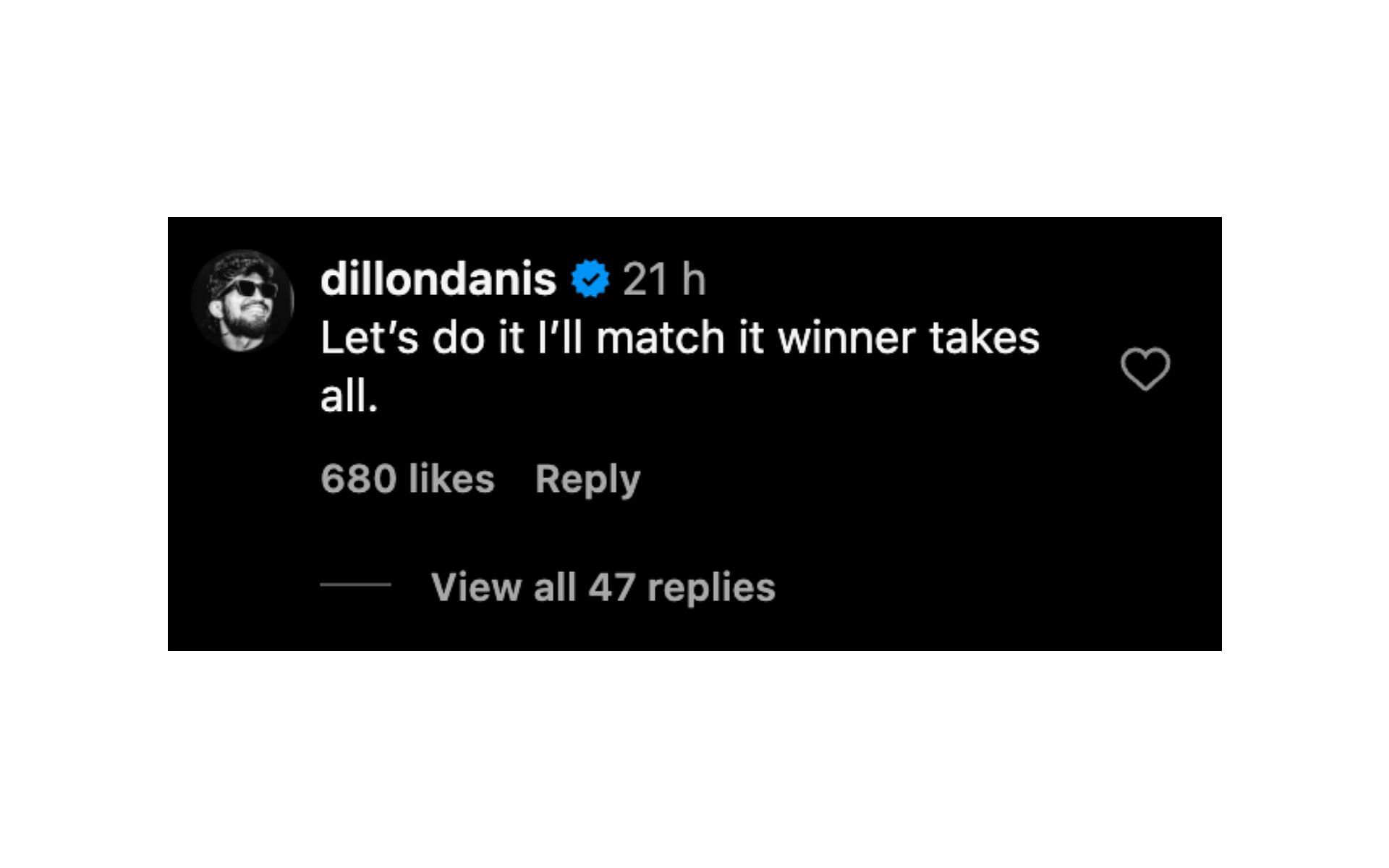 Dillon Danis&#039; comment screenshot. [Image courtesy: @espnmma on Instagram]